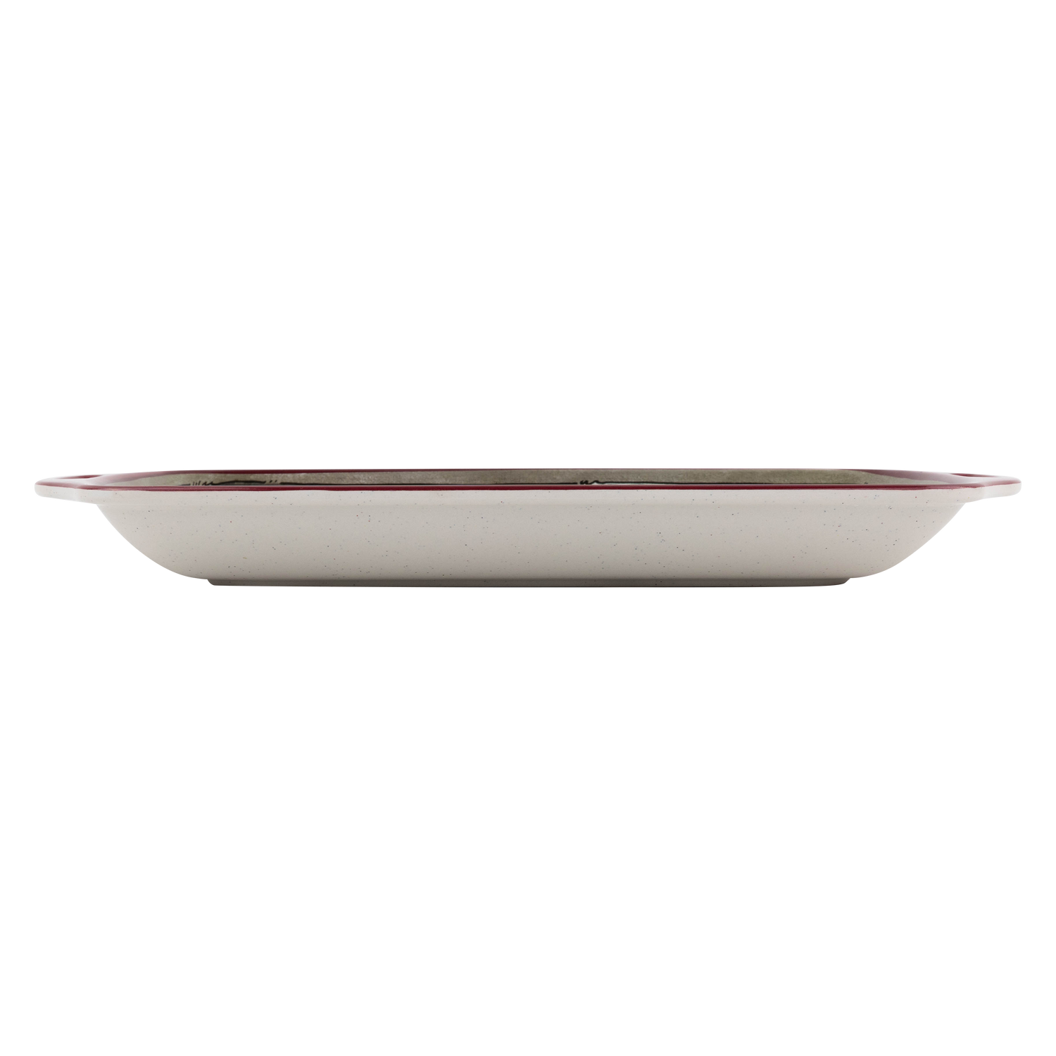 A rectangular ceramic serving platter with a speckled off-white glaze and a thin reddish-brown rim, shown from a top-down view on a white background.