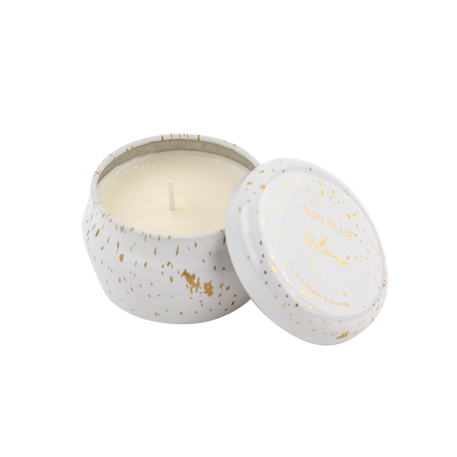 An open white ceramic candle tin with gold speckles, showing a creamy off-white wax inside, with its matching lid leaning against it on a white background. The lid features gold foil speckles and the text 'SUSHI BLUE' and 'Vilaine'.