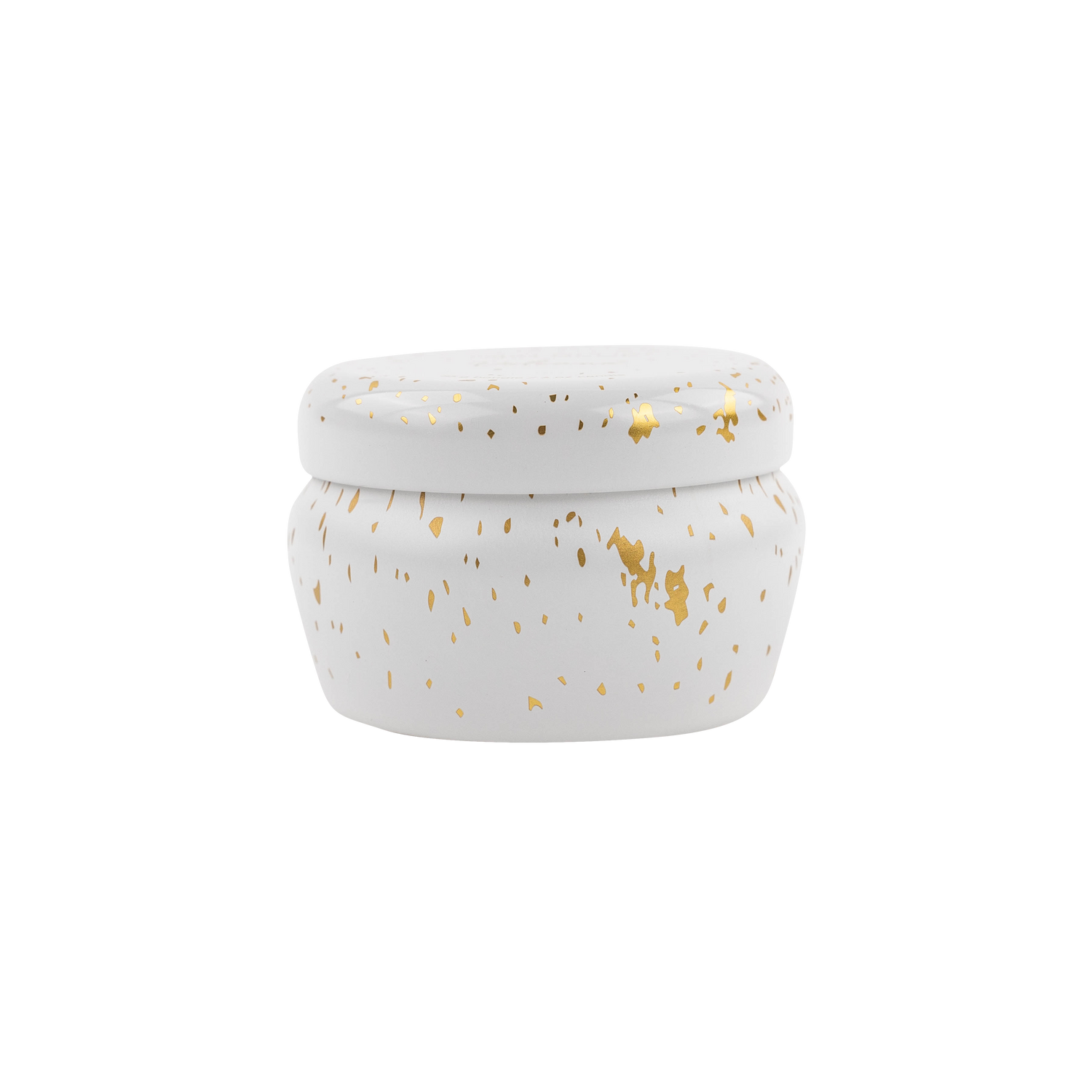 A small round lidded jar or container in glossy white with scattered metallic gold speckles, centered on a plain white background.