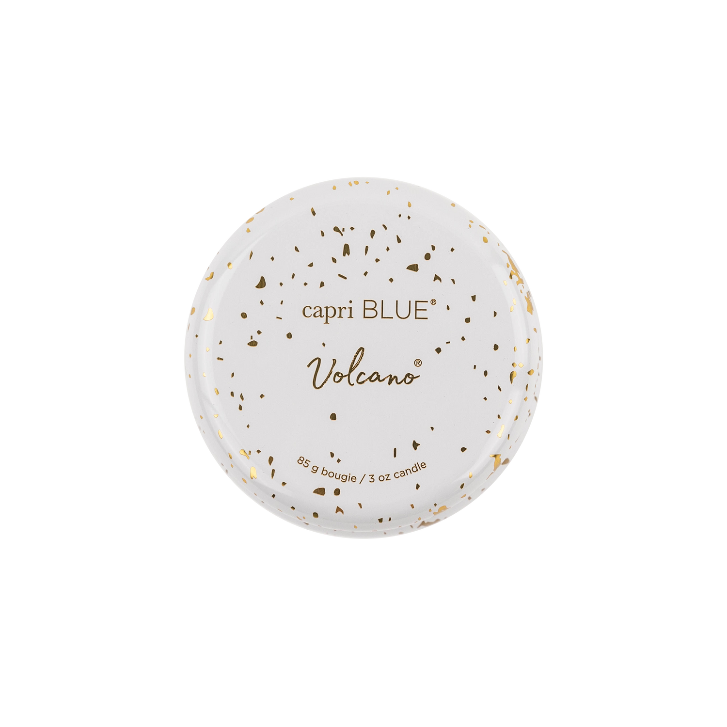 A round white wax melt tin with gold foil speckles and the brand name 'capri BLUE' and scent name 'Volcano' printed on the lid, set against a plain white background.