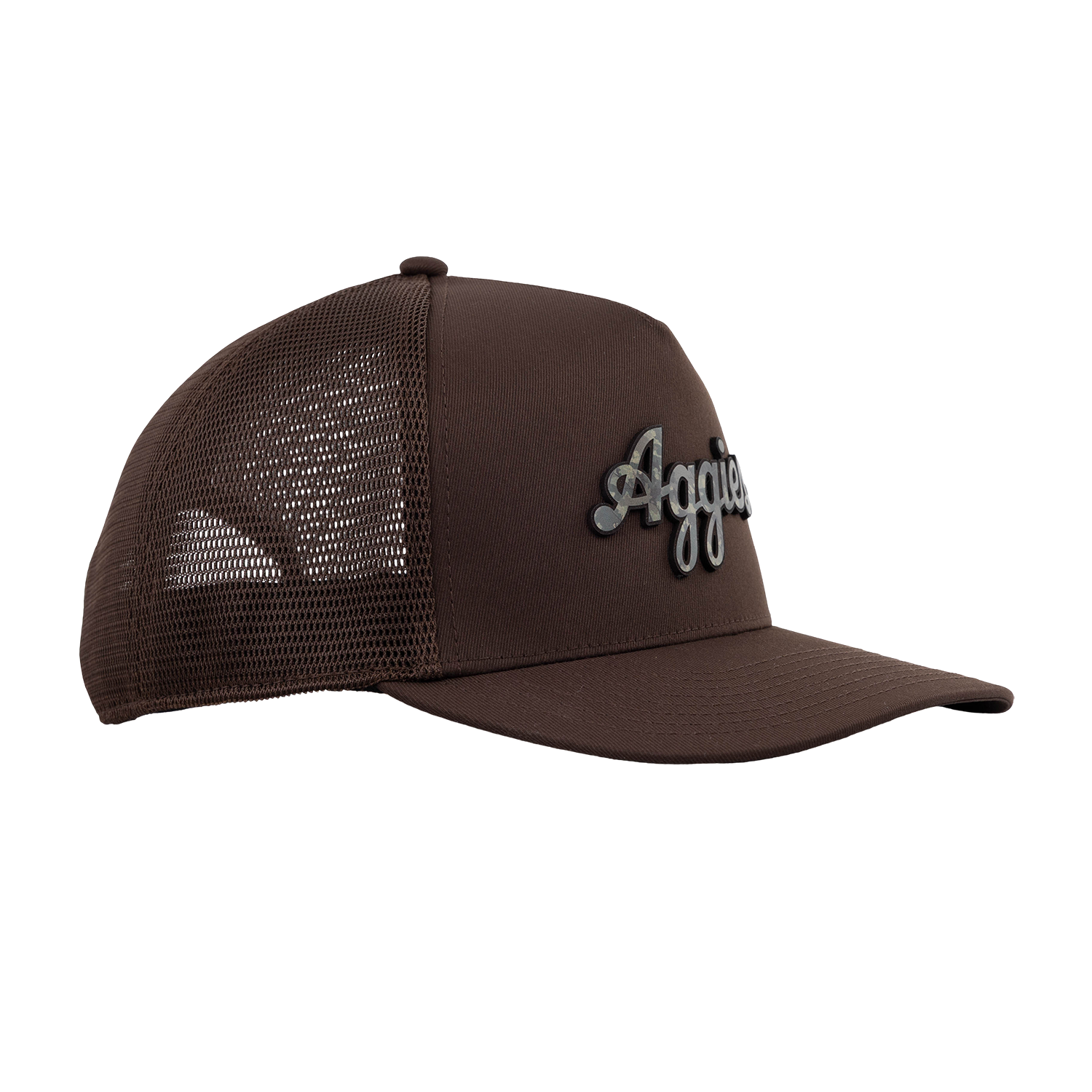 Script Aggies Branded Bills 5 Panel Camo Trucker Hat - Brown