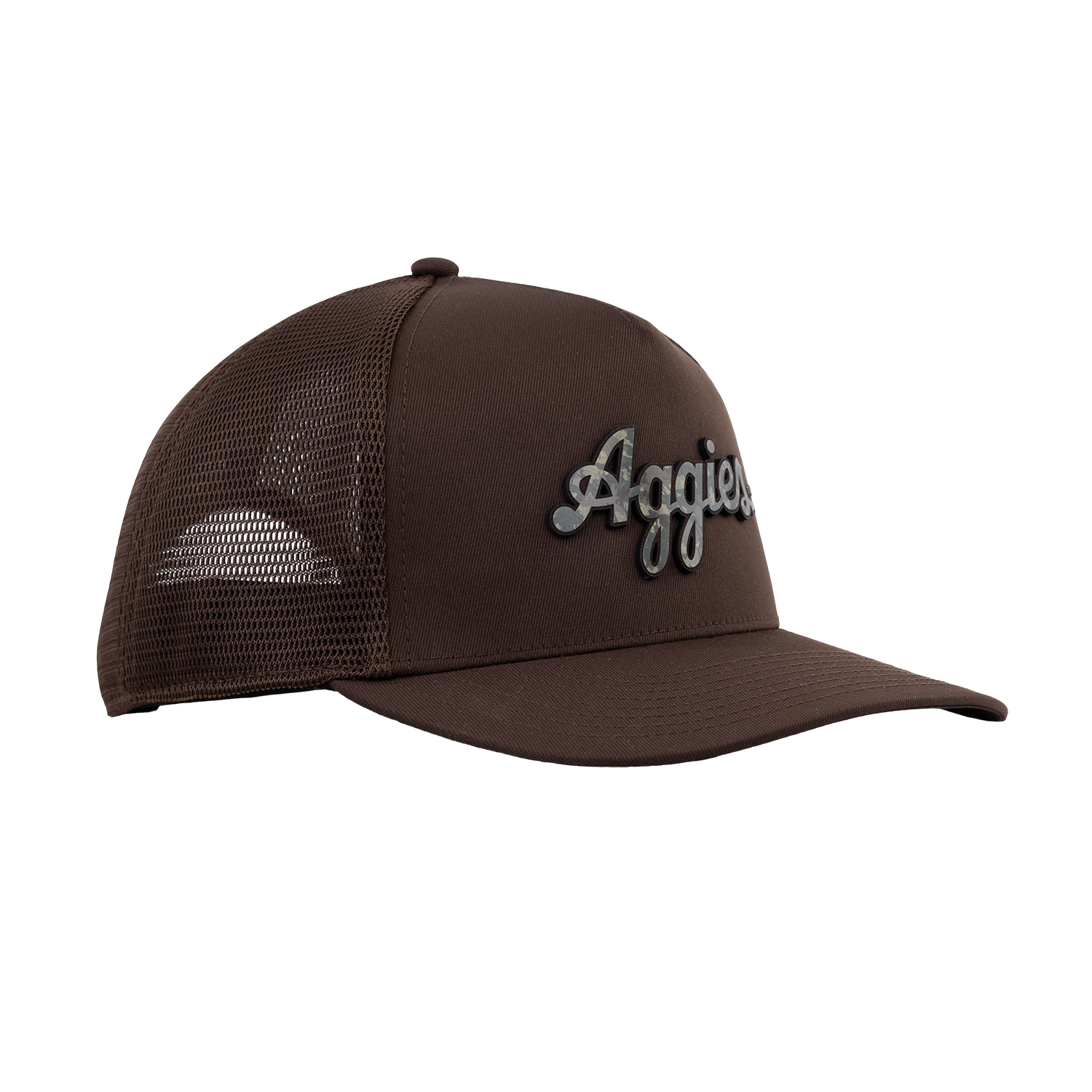 Script Aggies Branded Bills 5 Panel Camo Trucker Hat - Brown