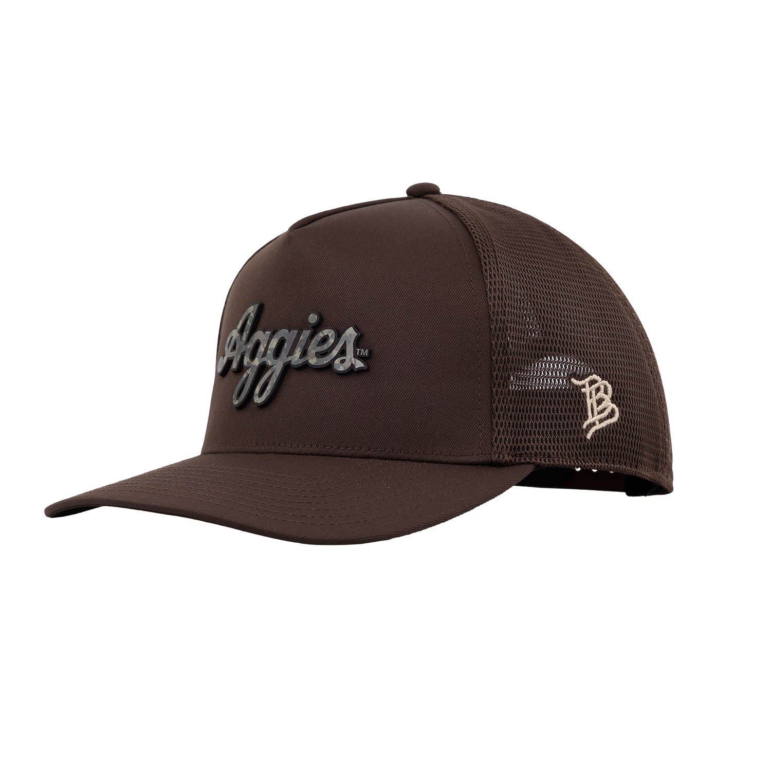 Script Aggies Branded Bills 5 Panel Camo Trucker Hat - Brown
