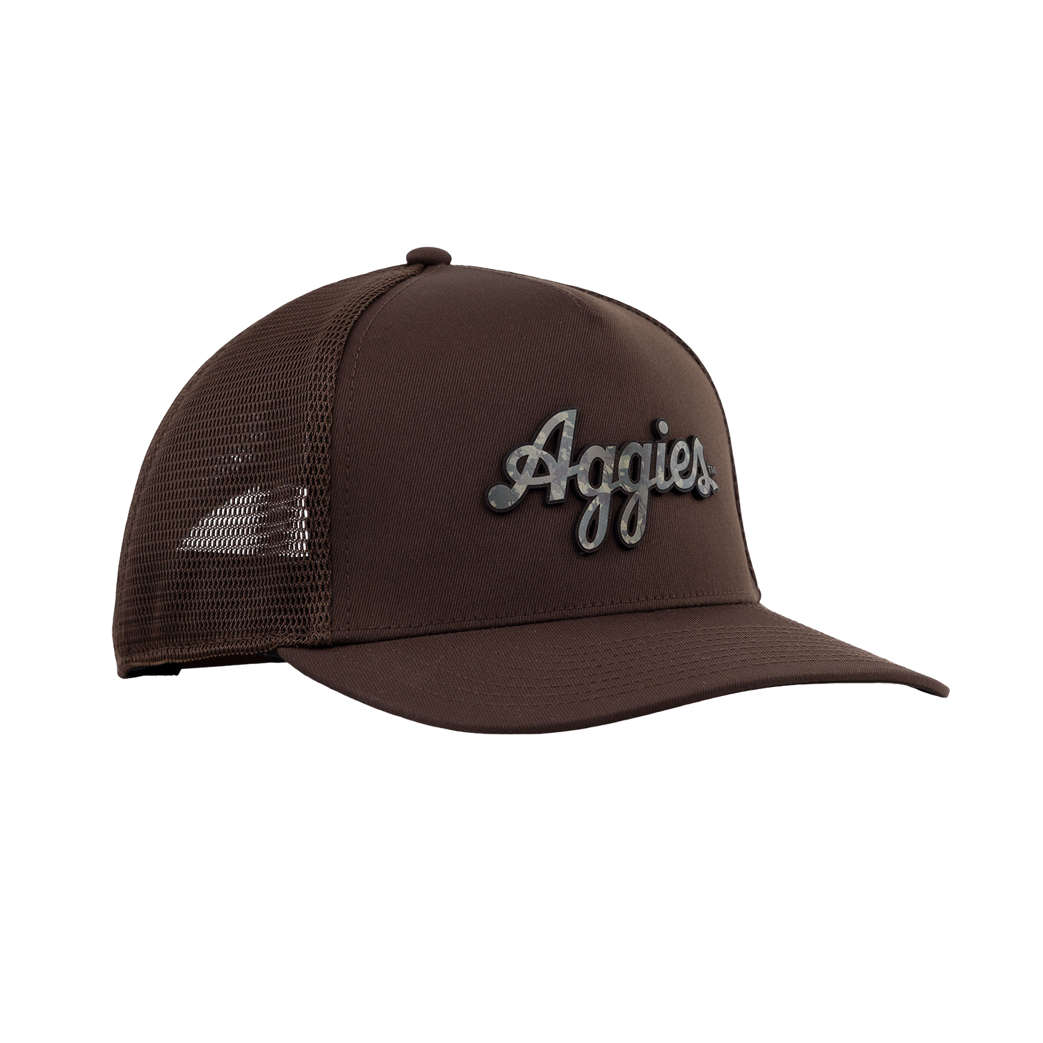 Script Aggies Branded Bills 5 Panel Camo Trucker Hat - Brown