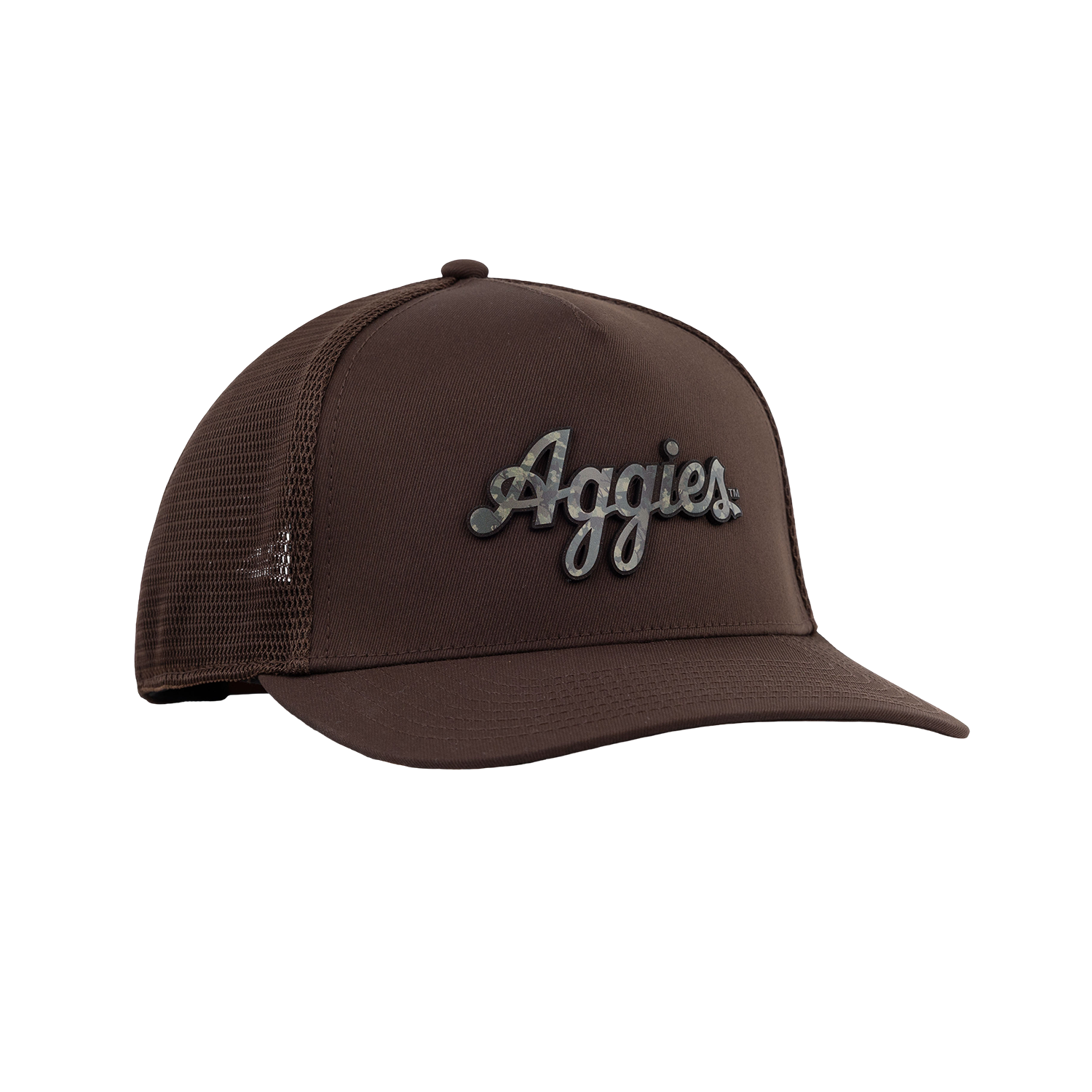 Script Aggies Branded Bills 5 Panel Camo Trucker Hat - Brown