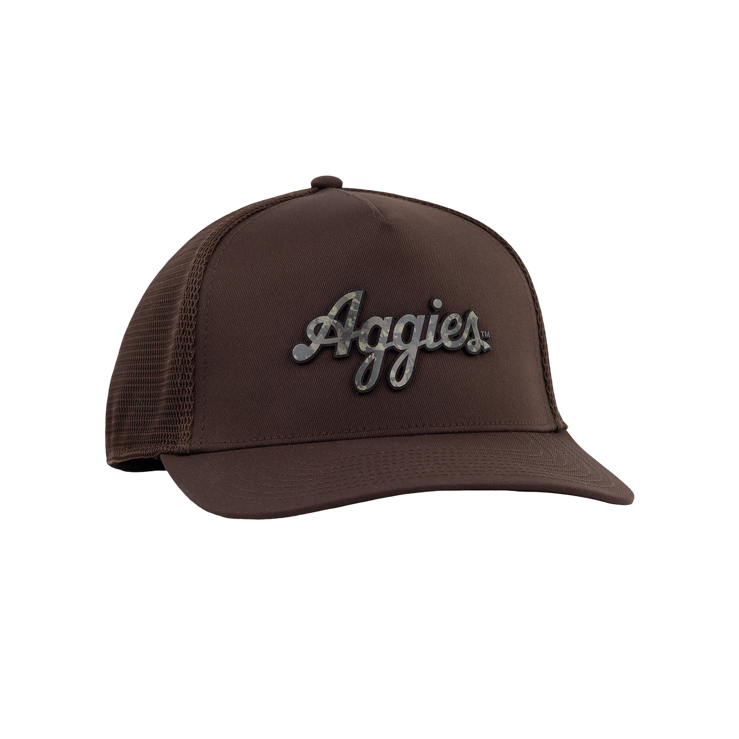 Script Aggies Branded Bills 5 Panel Camo Trucker Hat - Brown