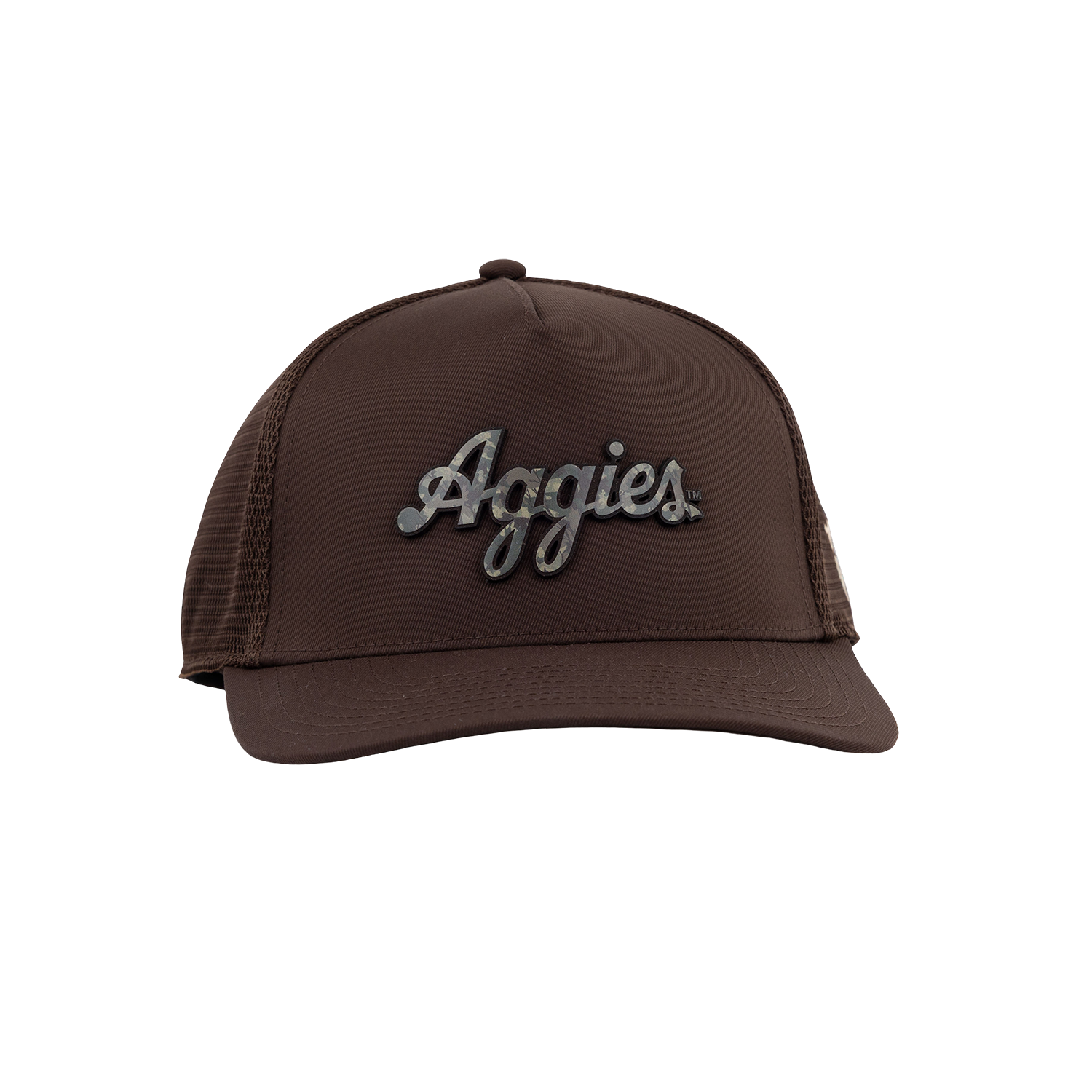Script Aggies Branded Bills 5 Panel Camo Trucker Hat - Brown