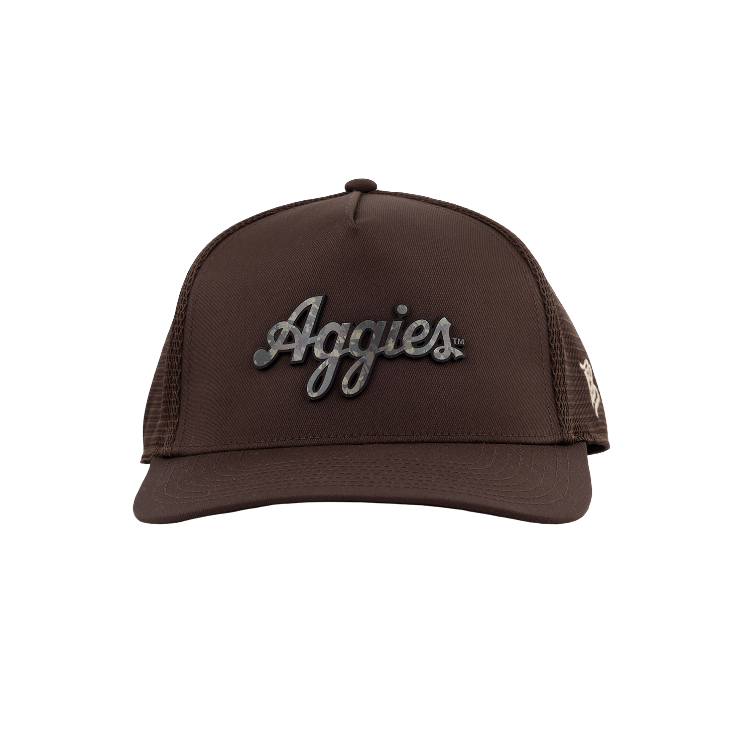 Script Aggies Branded Bills 5 Panel Camo Trucker Hat - Brown