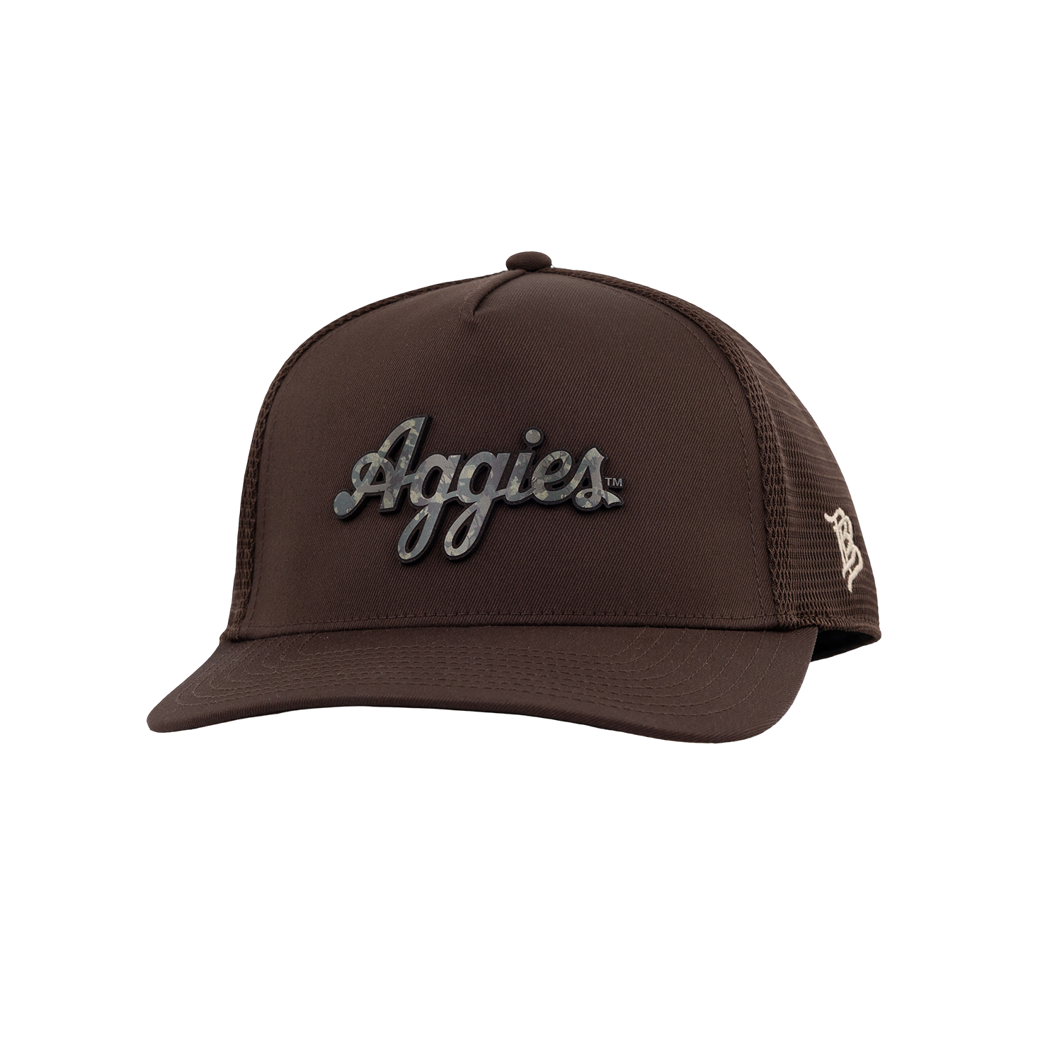 Script Aggies Branded Bills 5 Panel Camo Trucker Hat - Brown
