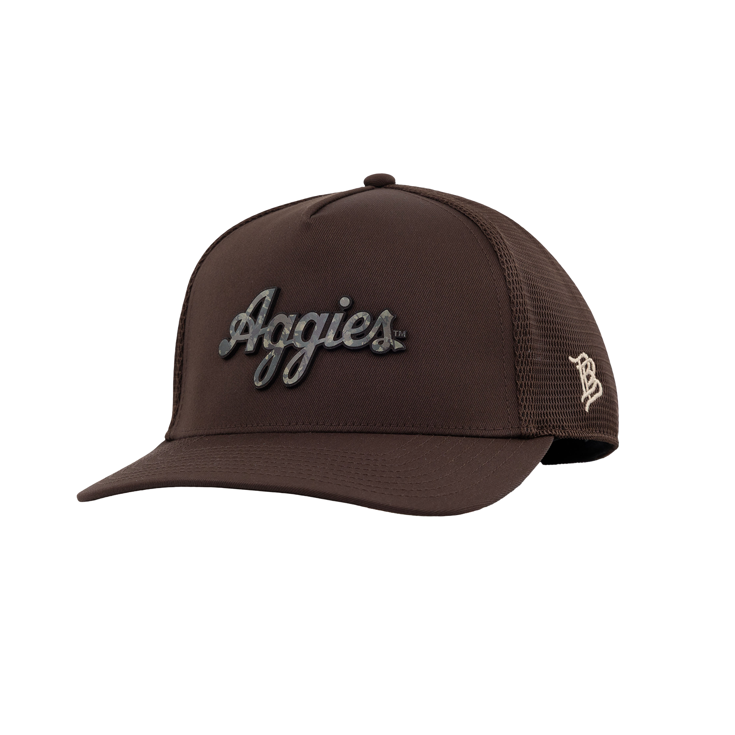 Script Aggies Branded Bills 5 Panel Camo Trucker Hat - Brown