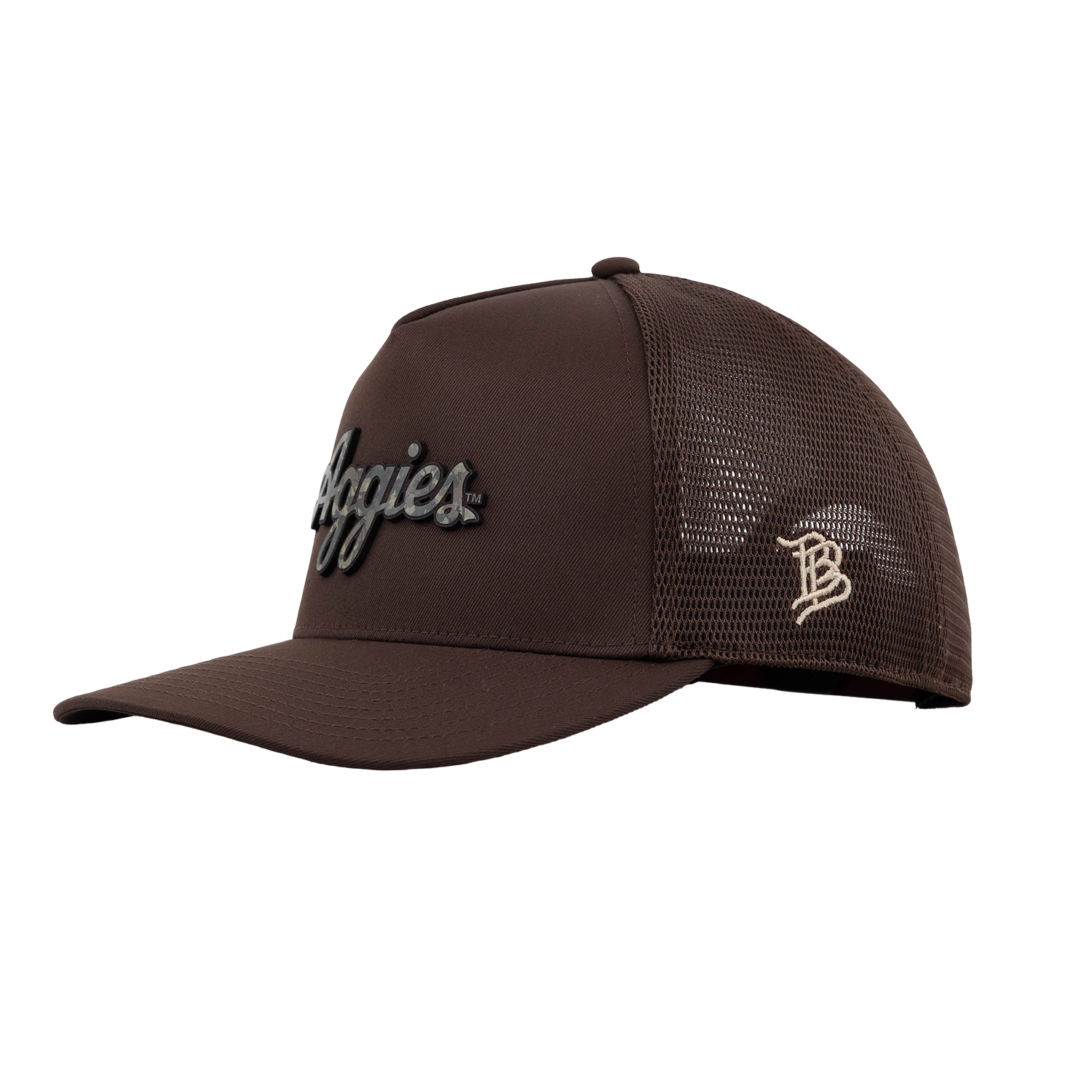 Script Aggies Branded Bills 5 Panel Camo Trucker Hat - Brown