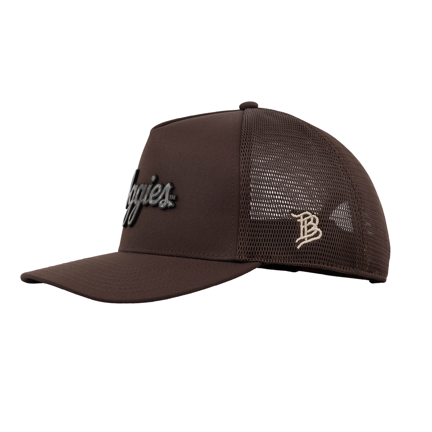 Script Aggies Branded Bills 5 Panel Camo Trucker Hat - Brown