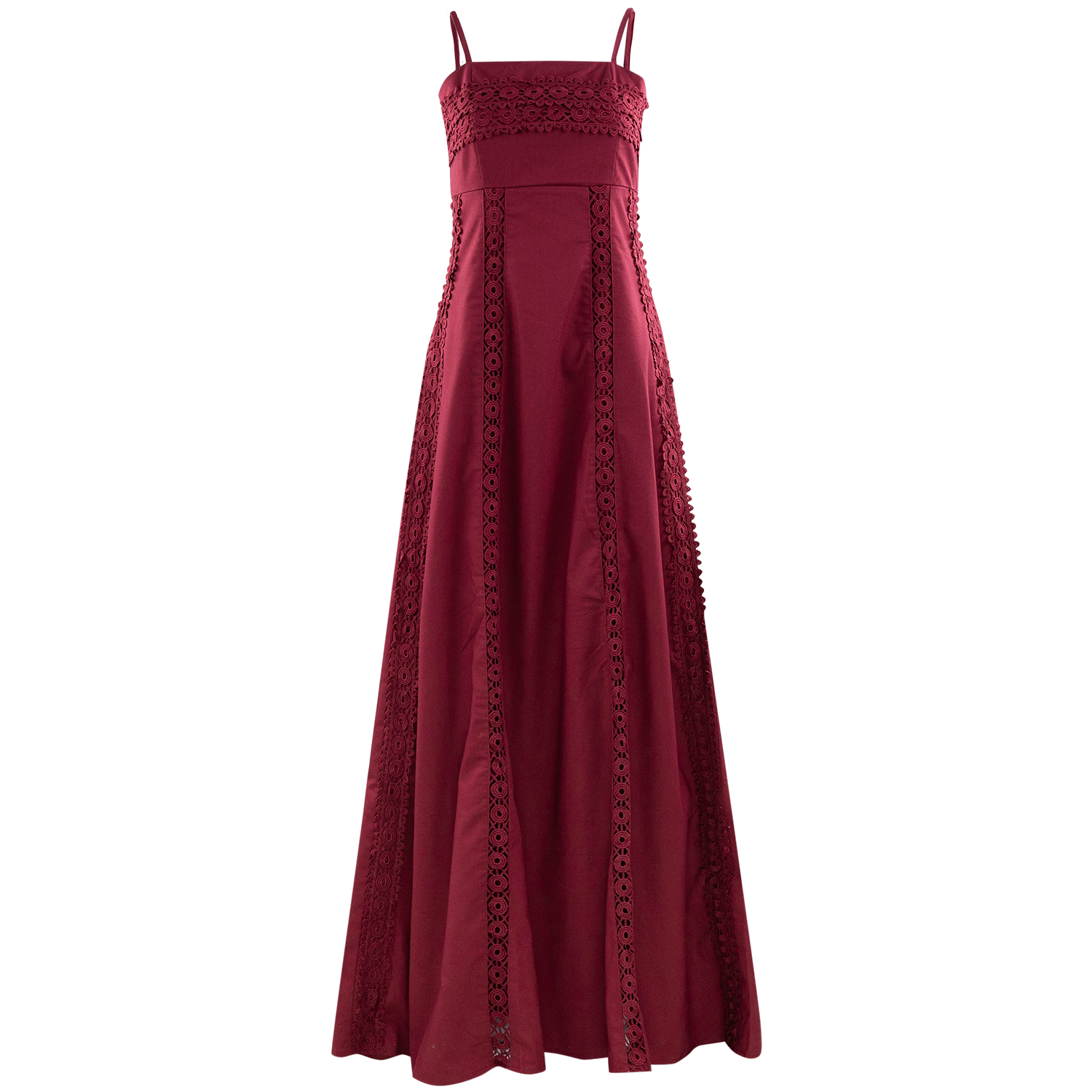 A sleeveless, floor-length burgundy maxi dress with thin spaghetti straps and intricate geometric lace detailing running vertically along the sides and around the bodice, shown against a plain white background.