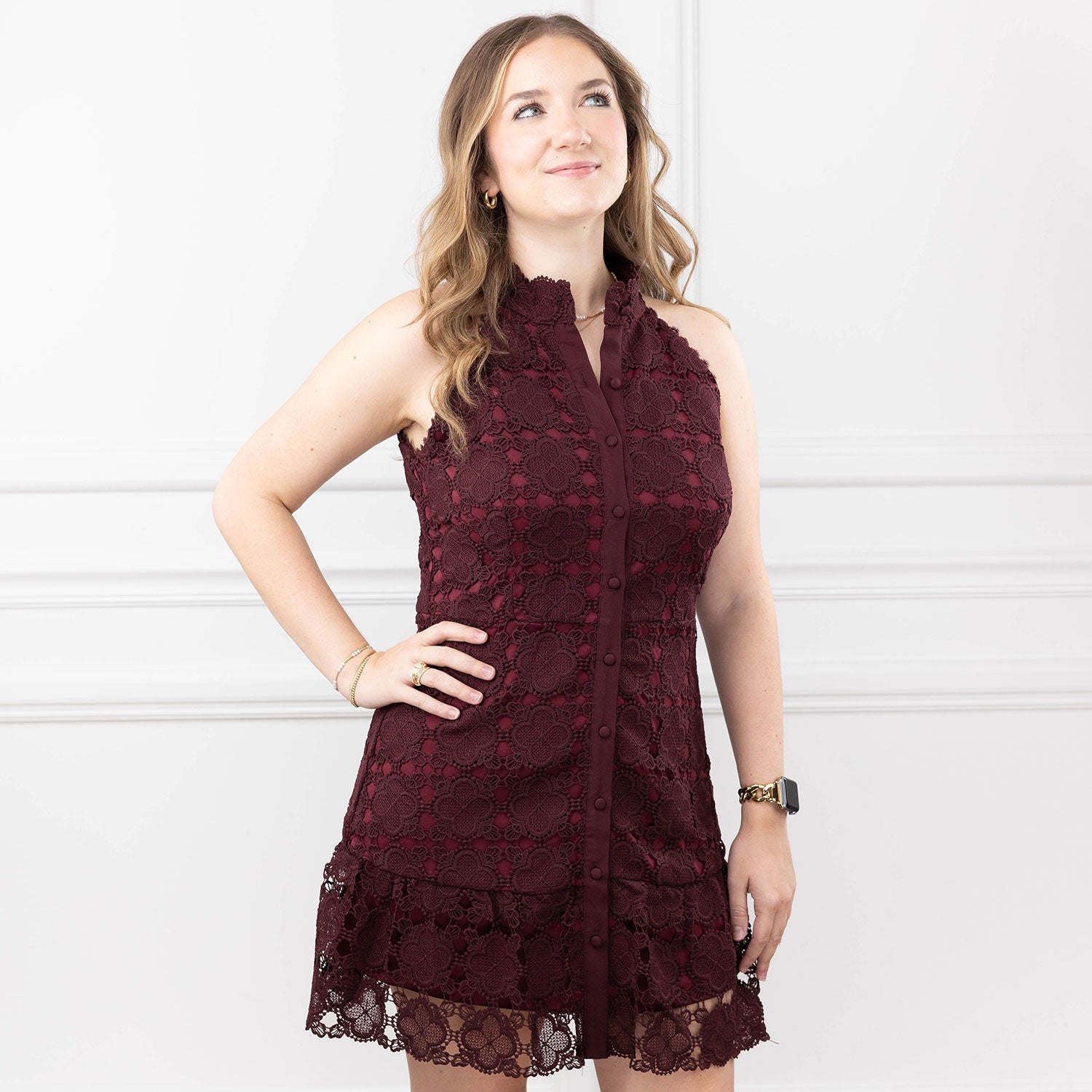 Baby Pink Lace Halter Neck Button Front Mini Dress - Maroon
