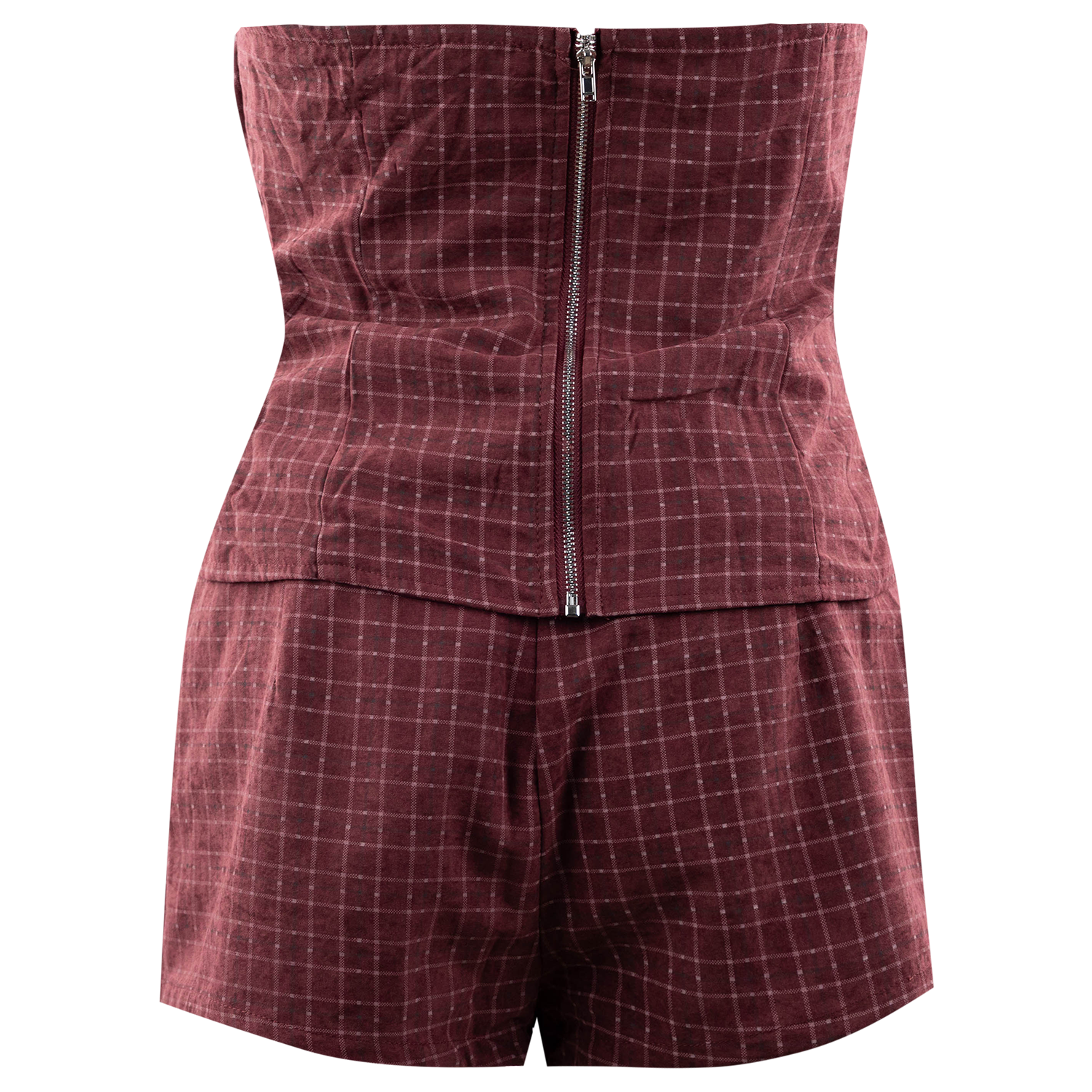 Baby Pink Strapless Plaid Bow Top and Short Set - Maroon