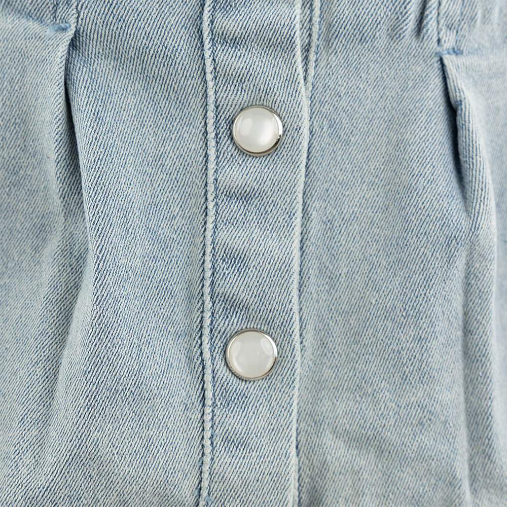 Baby Pink Pearl Snap Peplum Top - Denim