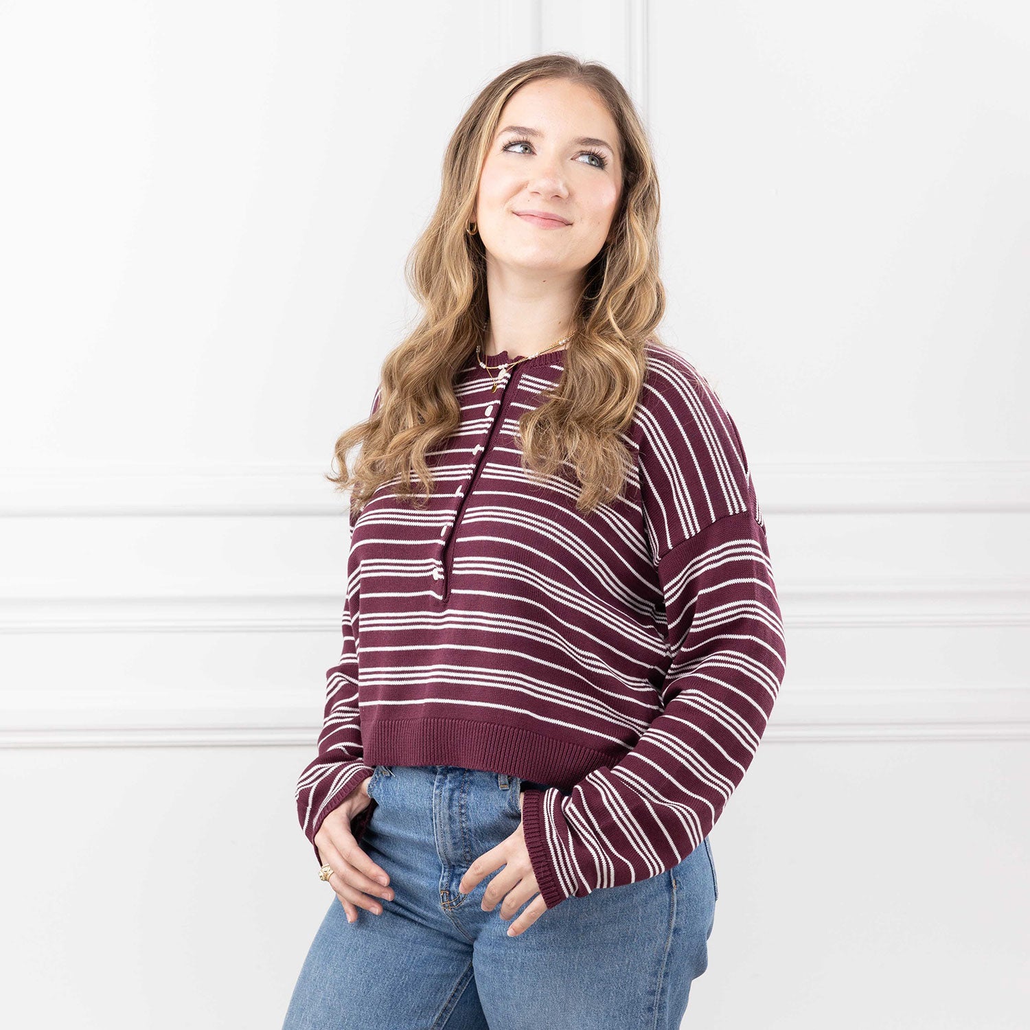 Double Zero Striped Half Button Knit Sweater - Maroon