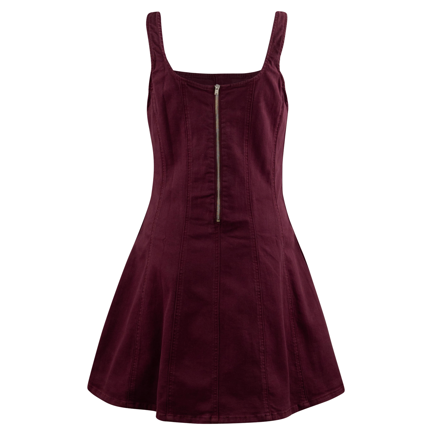 Stretch Denim Seam Flare Mini Dress - Maroon