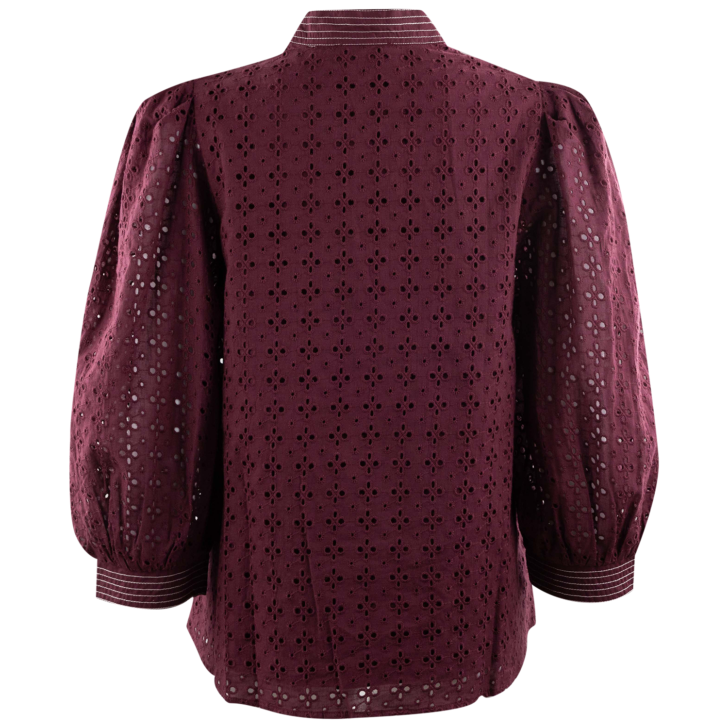 ENTRO V-Neck Long Sleeve Eyelet Embroidered Blouse - Maroon