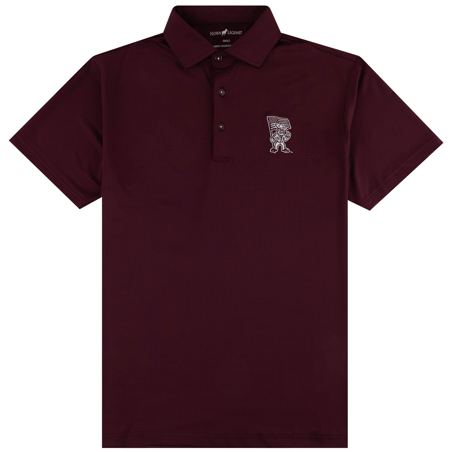 Maroon mens three button polo with white Texas A&M Ol' Sarge mascot holding an American Flag on left chest. 