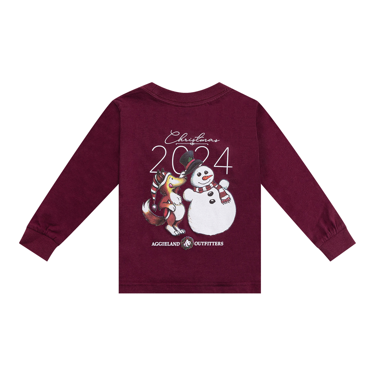 Maroon long sleeve t-shirt with "Christmas 2024" in white with Reveille and a snowman