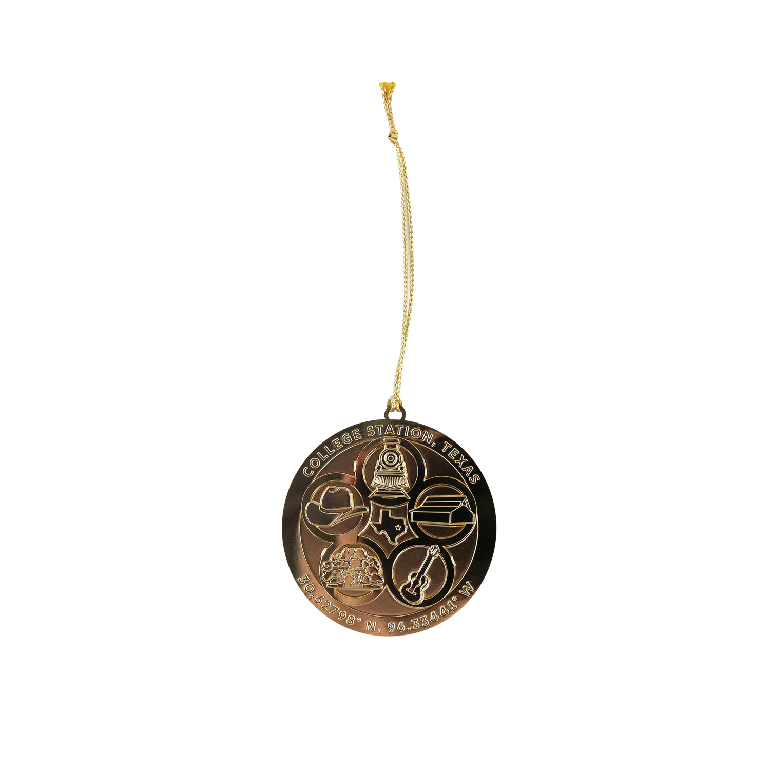 Gold ornament with cut outs that represent College Station.
