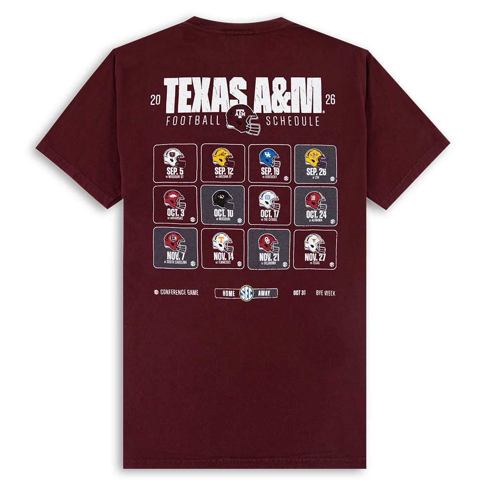 Maroon t-shirt with Texas A&M football schedule