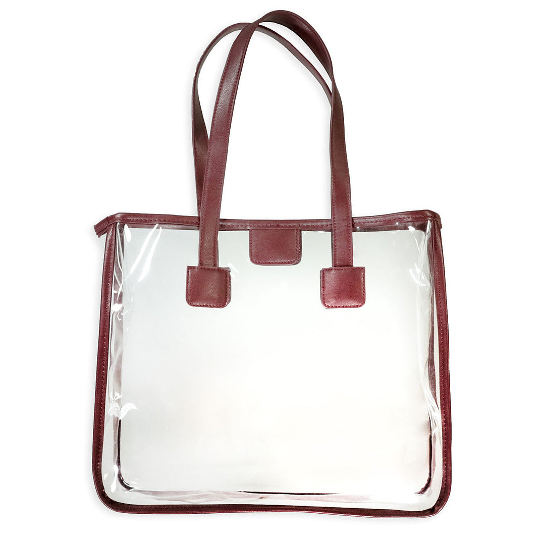 Maroon Leather Strap Clear Tote