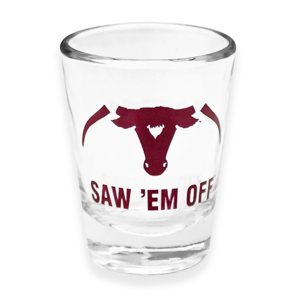 Maroon Saw 'Em Off Shot Glass