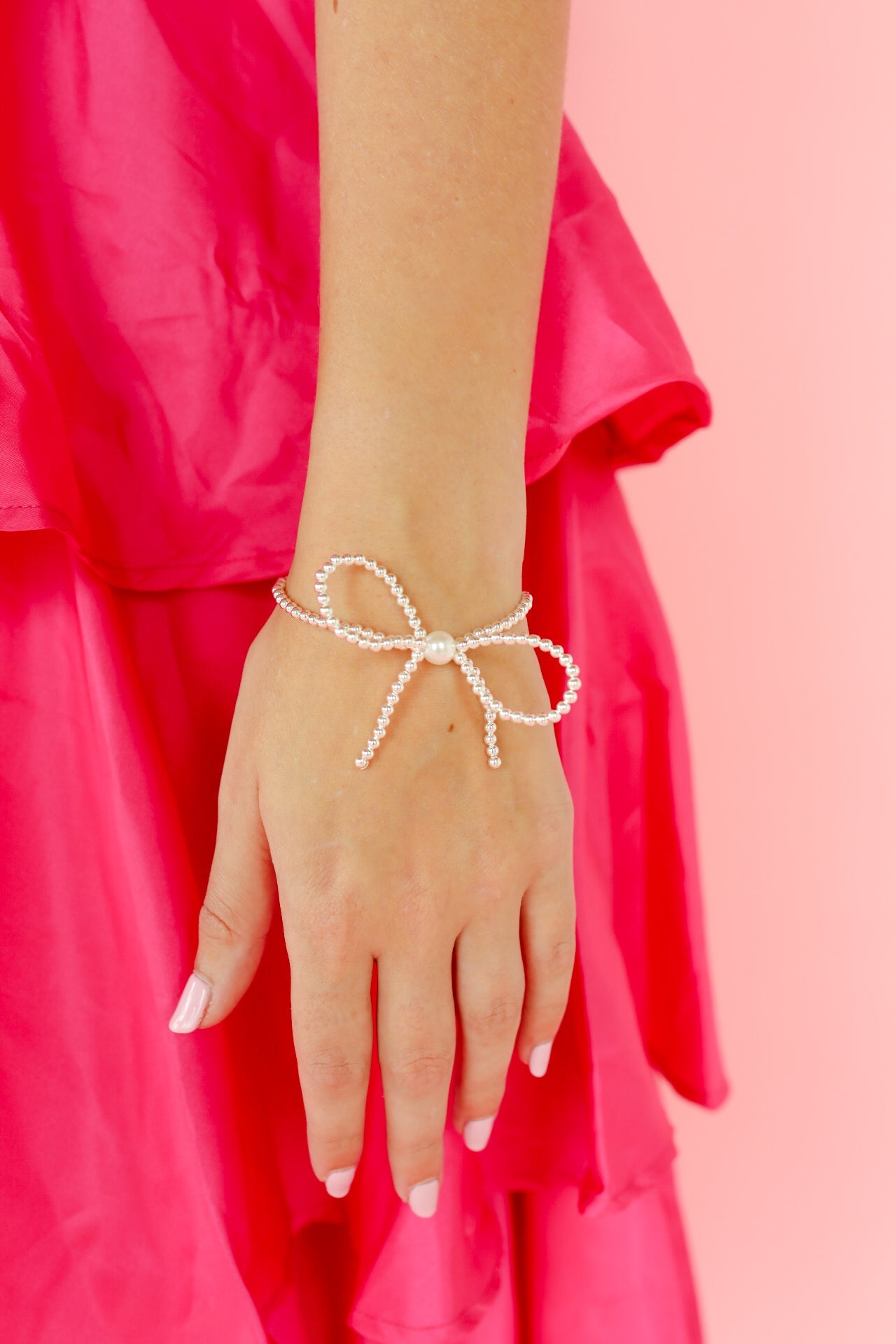 Beaded Blondes Pearl Bow Silver Bracelet