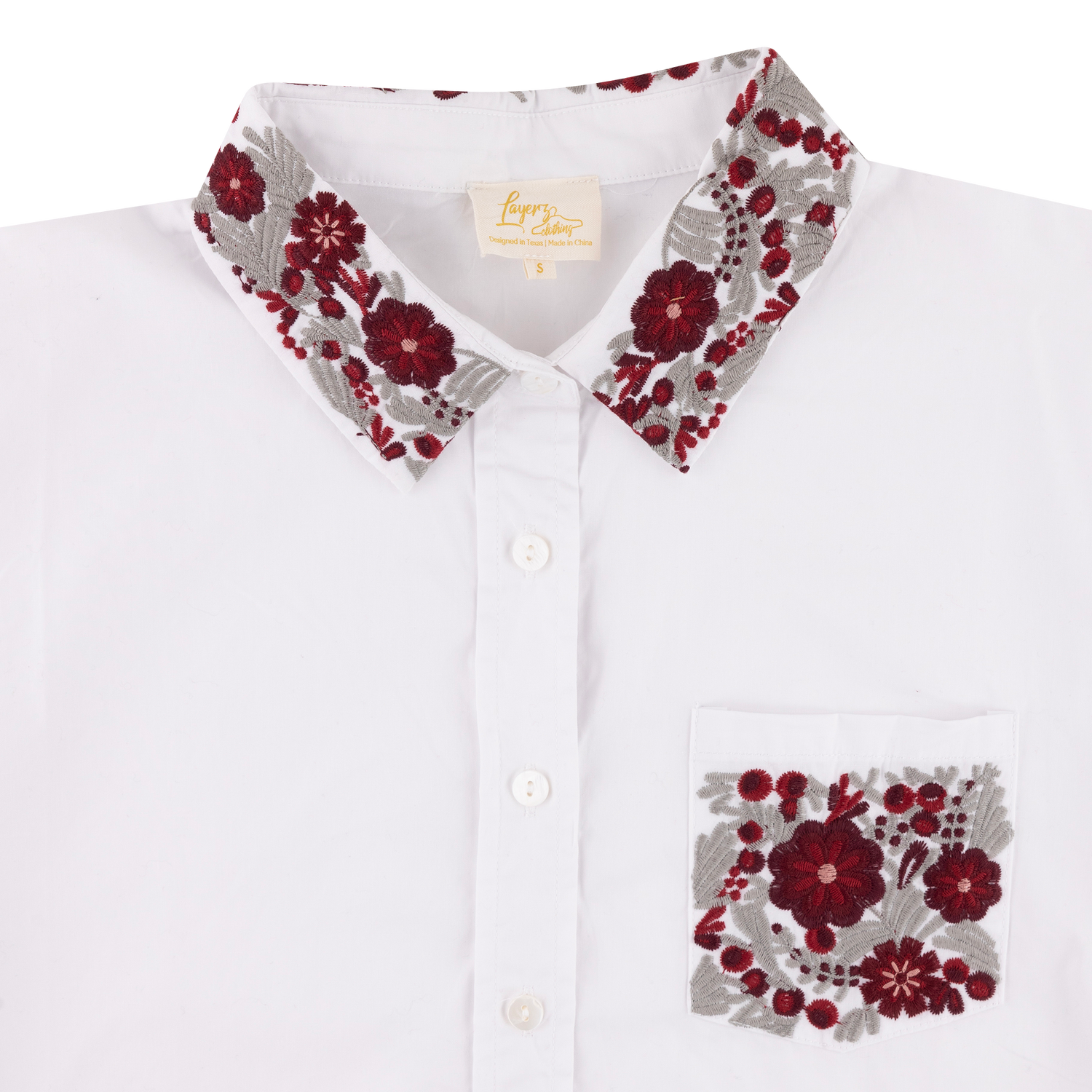 White Floral Embroidered Button Down