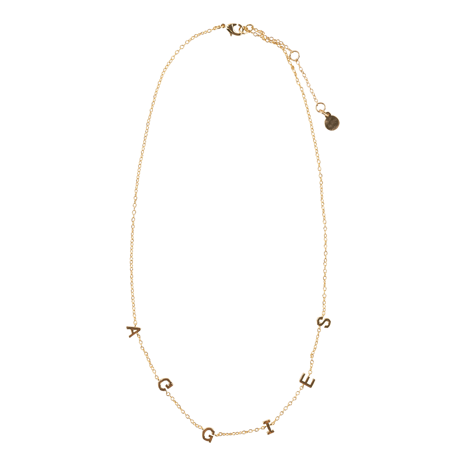 Gold necklace with "AGGIES" charms.