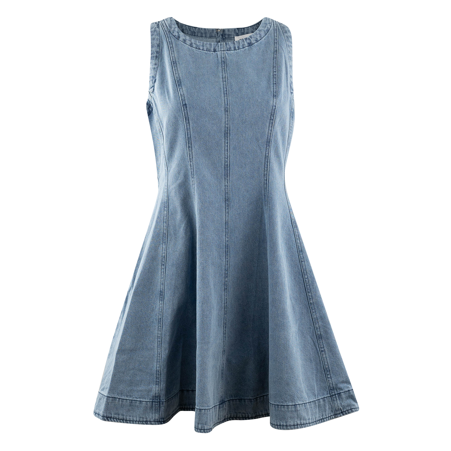 A sleeveless light blue denim A-line dress with a round neckline, photographed against a solid white background.