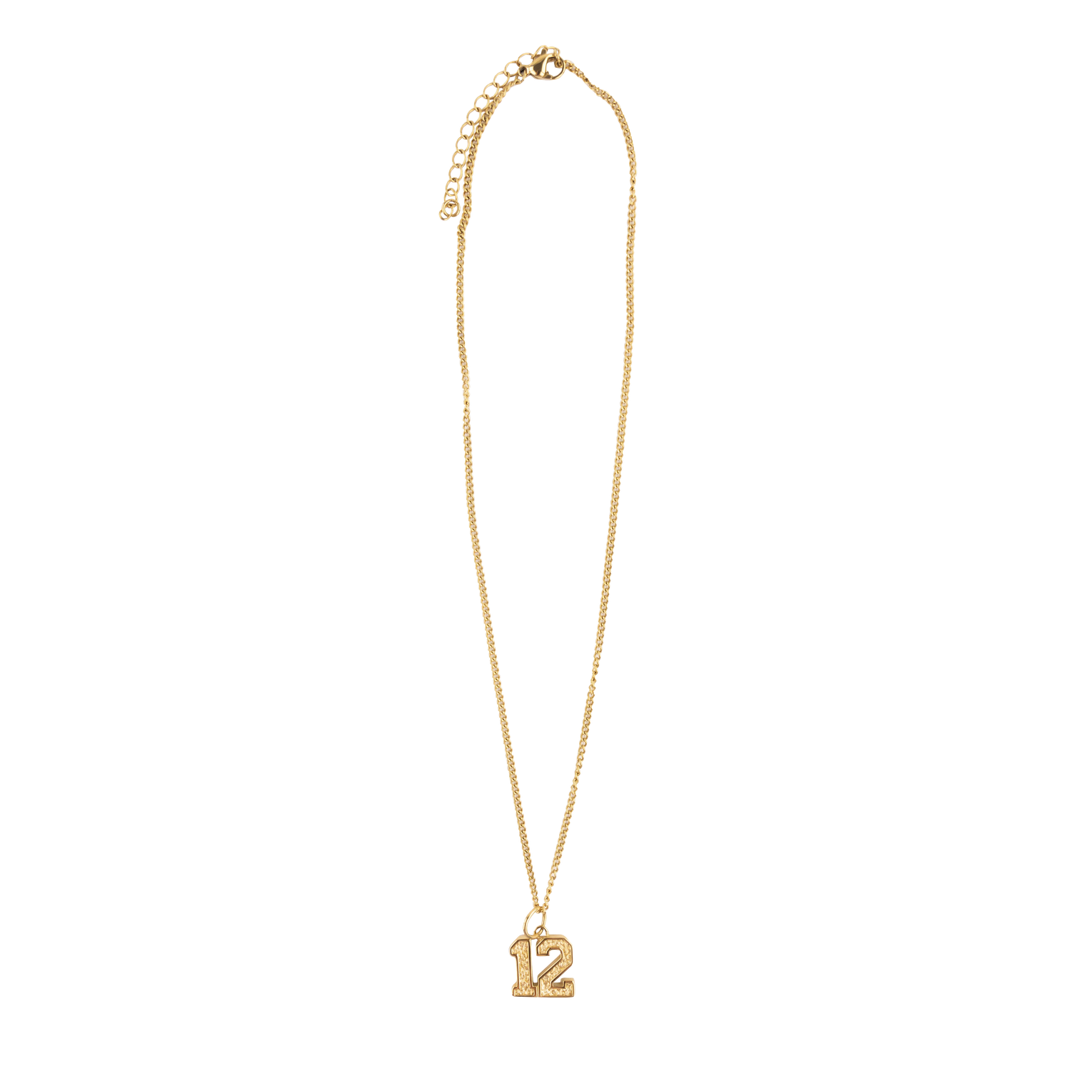 A delicate gold chain necklace featuring a small, polished gold '12' charm pendant, displayed against a solid white background.
