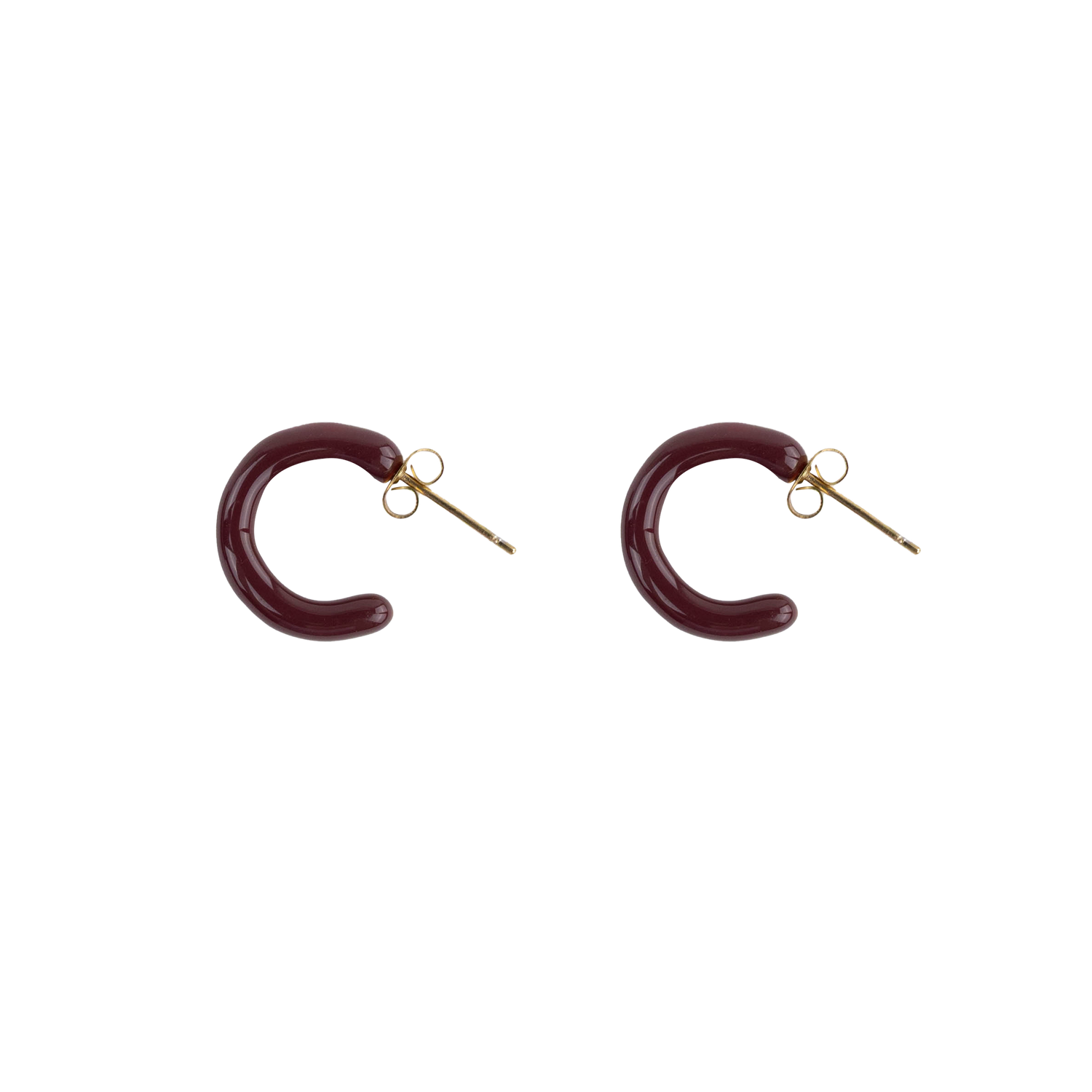 A pair of maroon midi hoop earrings with a gold backing.