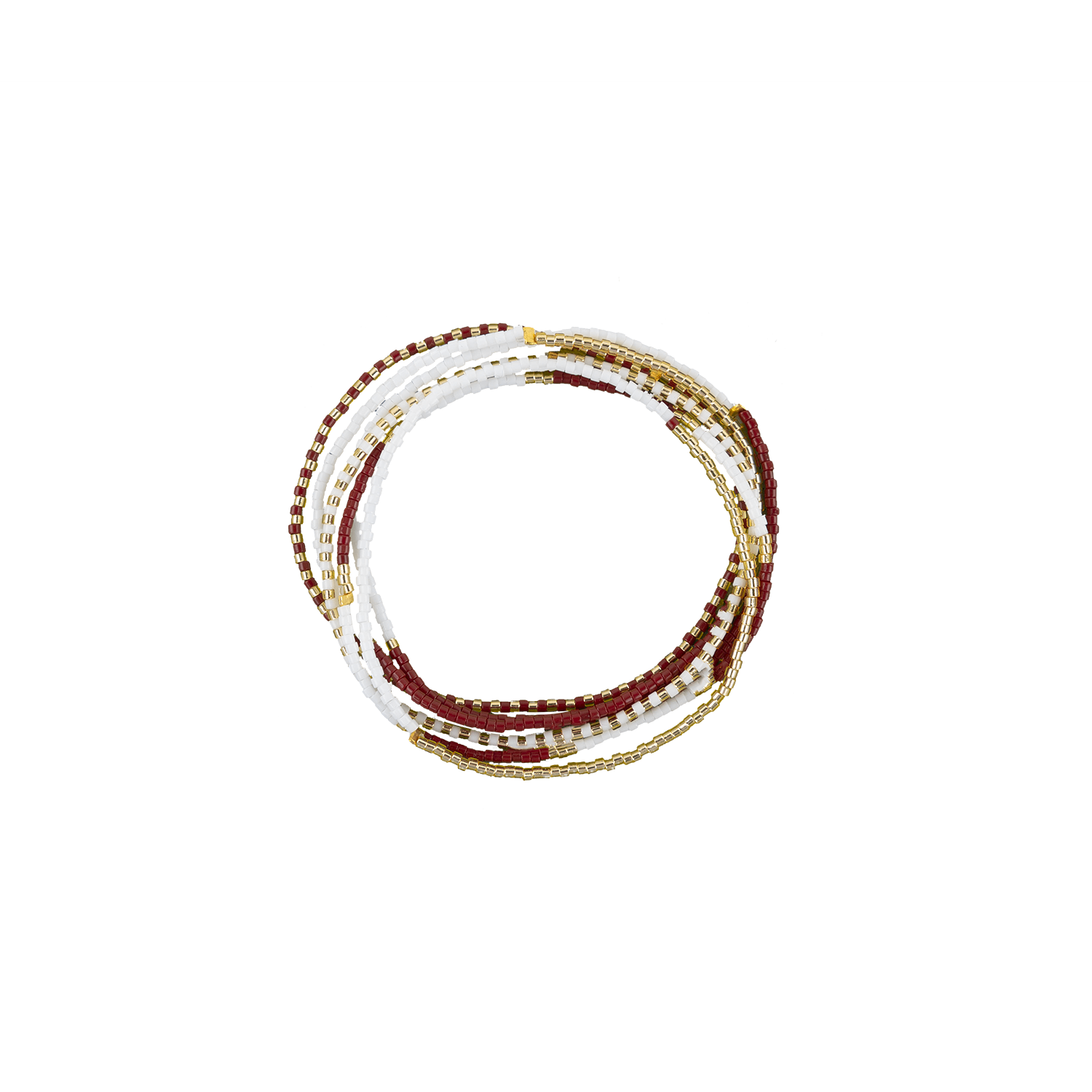 A stack of beaded stretch bracelets arranged in a circle on a plain white background. The bracelets feature white beads, deep maroon beads, and gold-toned beads.