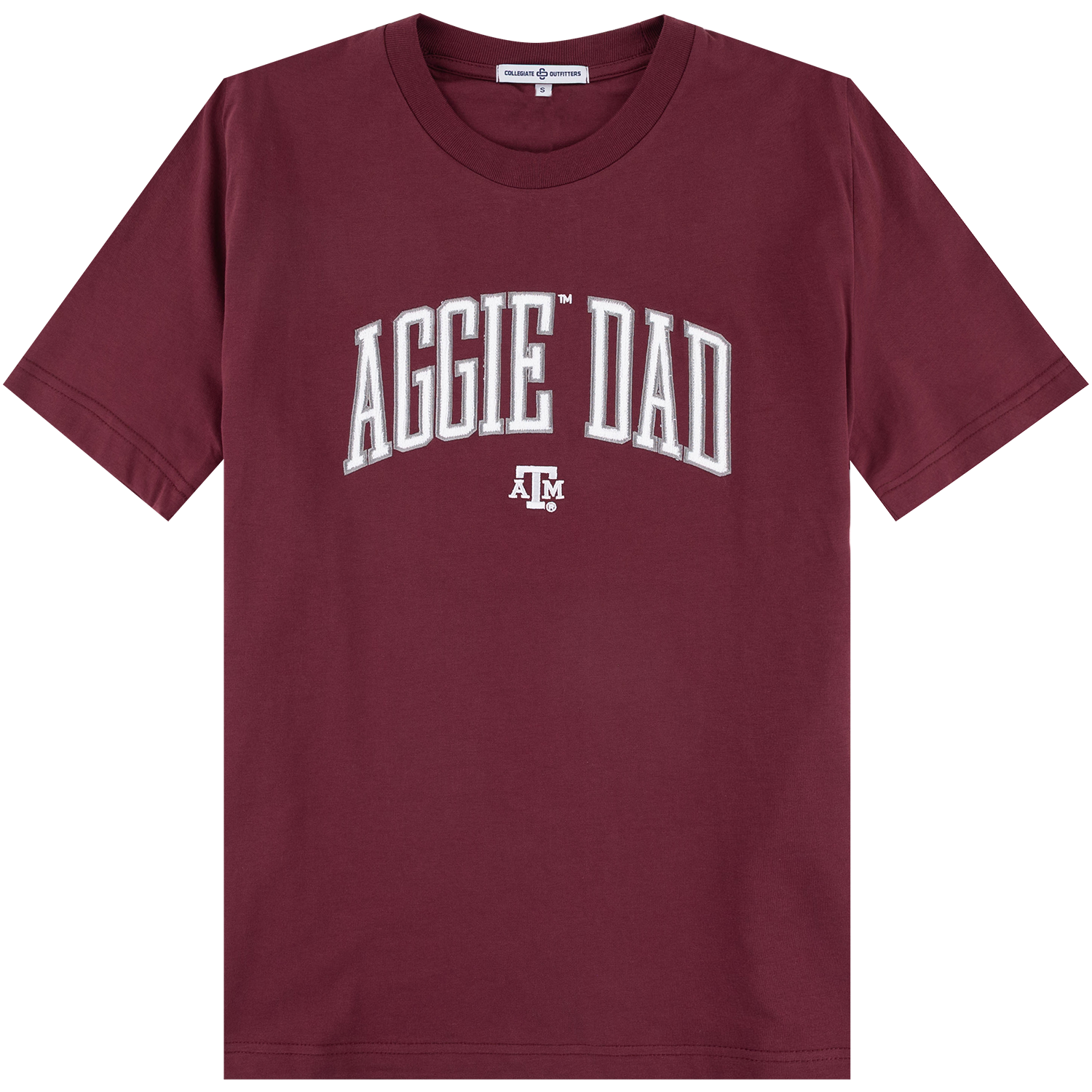 Maroon Collegiate Outfitters Texas A&M T-shirt featuring large white and gray “Aggie Dad” lettering and a small Texas A&M logo on the front.