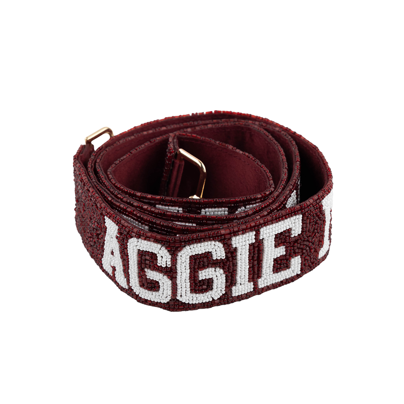 Maroon belt with 'AGGIE' text 