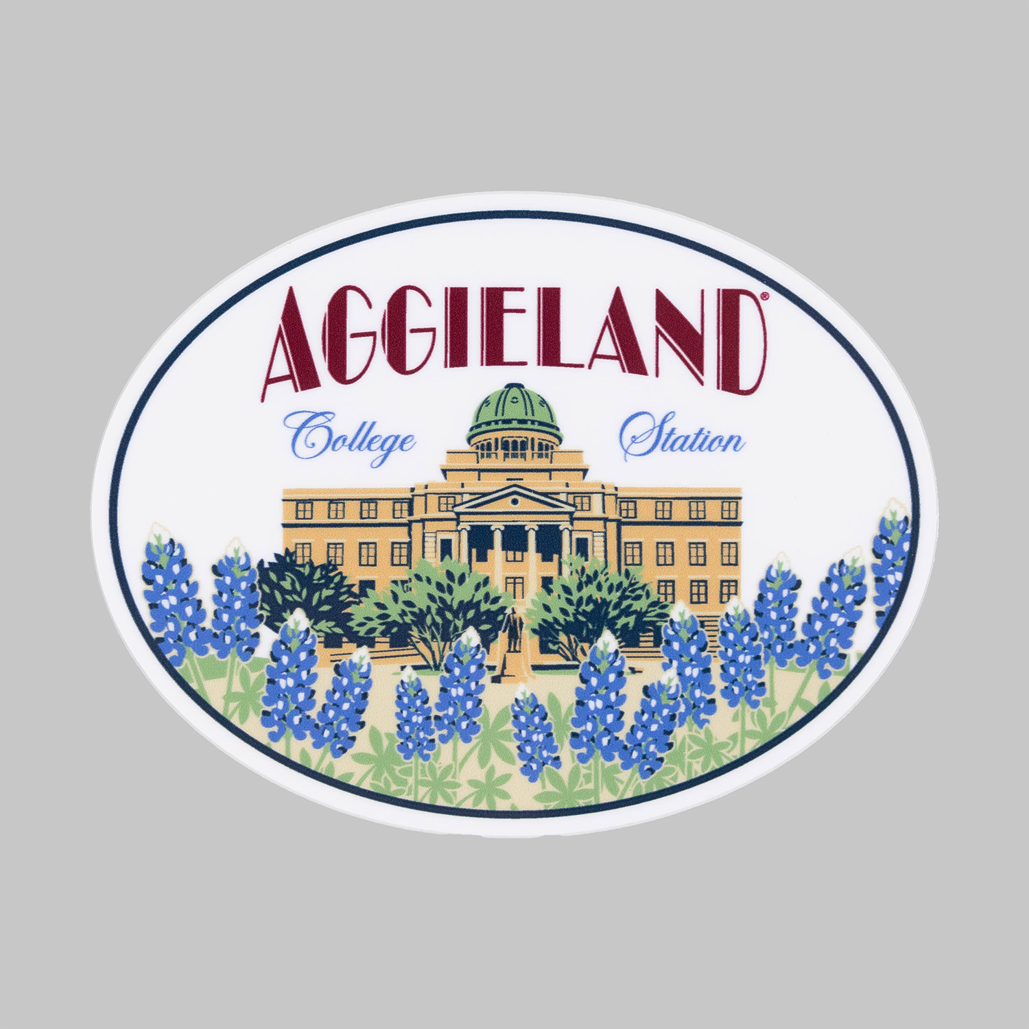 Round sticker that says AGGIELAND in bold lettering and College Station in script font with the Texas A&M academic building behind a field of Bluebonnets. 