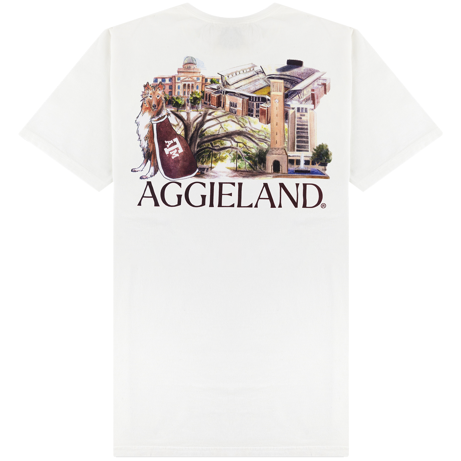 White shirt featuring water color style graphics on the back including Texas A&M campus landmarks and Reveille. 