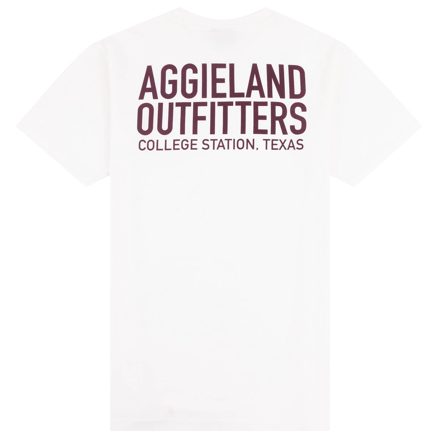White short sleeve T-Shirt with Aggieland Outfitters in maroon lettering on the back of the shirt