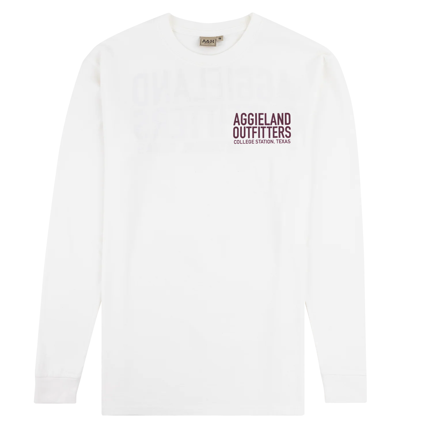 White long-sleeve with the Aggieland Outfitters logo.