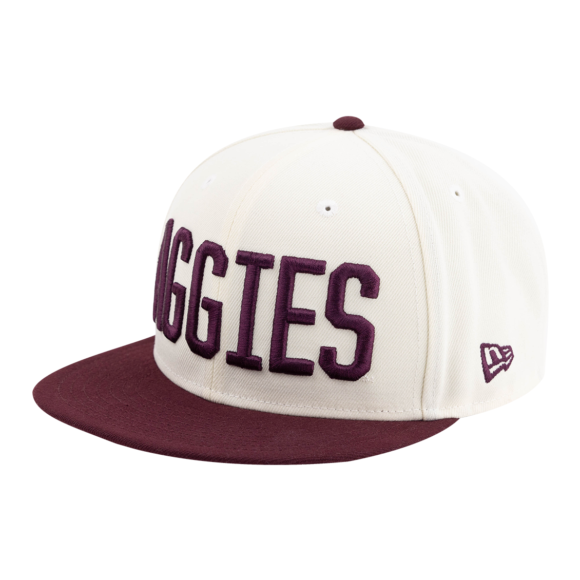White hat with maroon flat brim with "AGGIES" in maroon