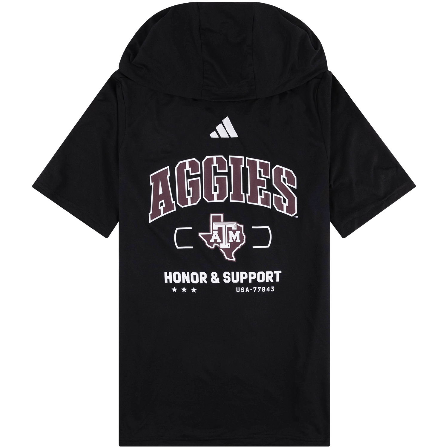Black short-sleeve Adidas hoodie featuring a white Adidas logo at the upper chest, arched "AGGIES" text in maroon and white stencil font, a Texas state outline with the ATM logo inside, and "HONOR & SUPPORT" printed across the front.