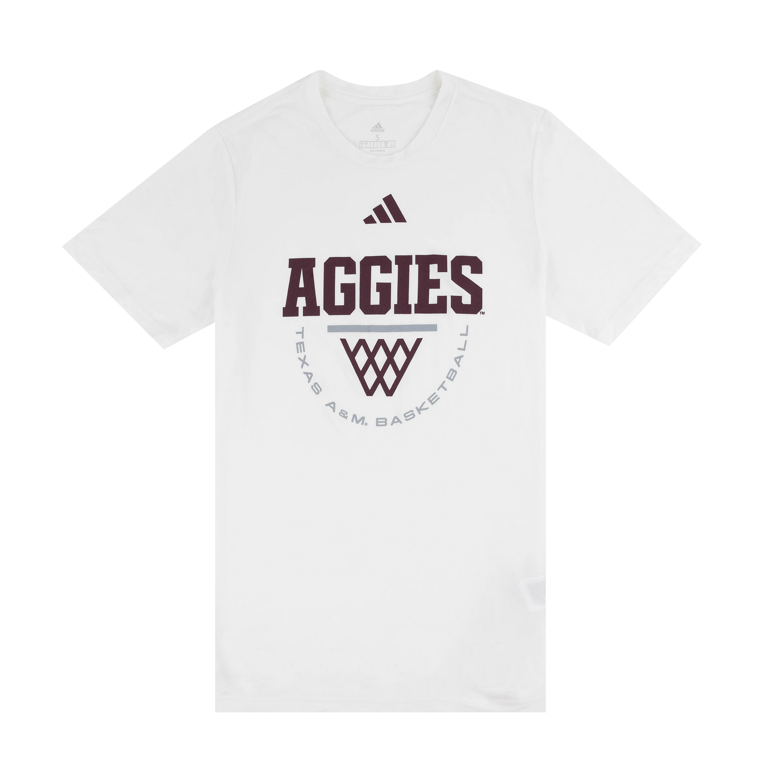 White T-Shirt with Maroon AGGIES text and Hoop Design
