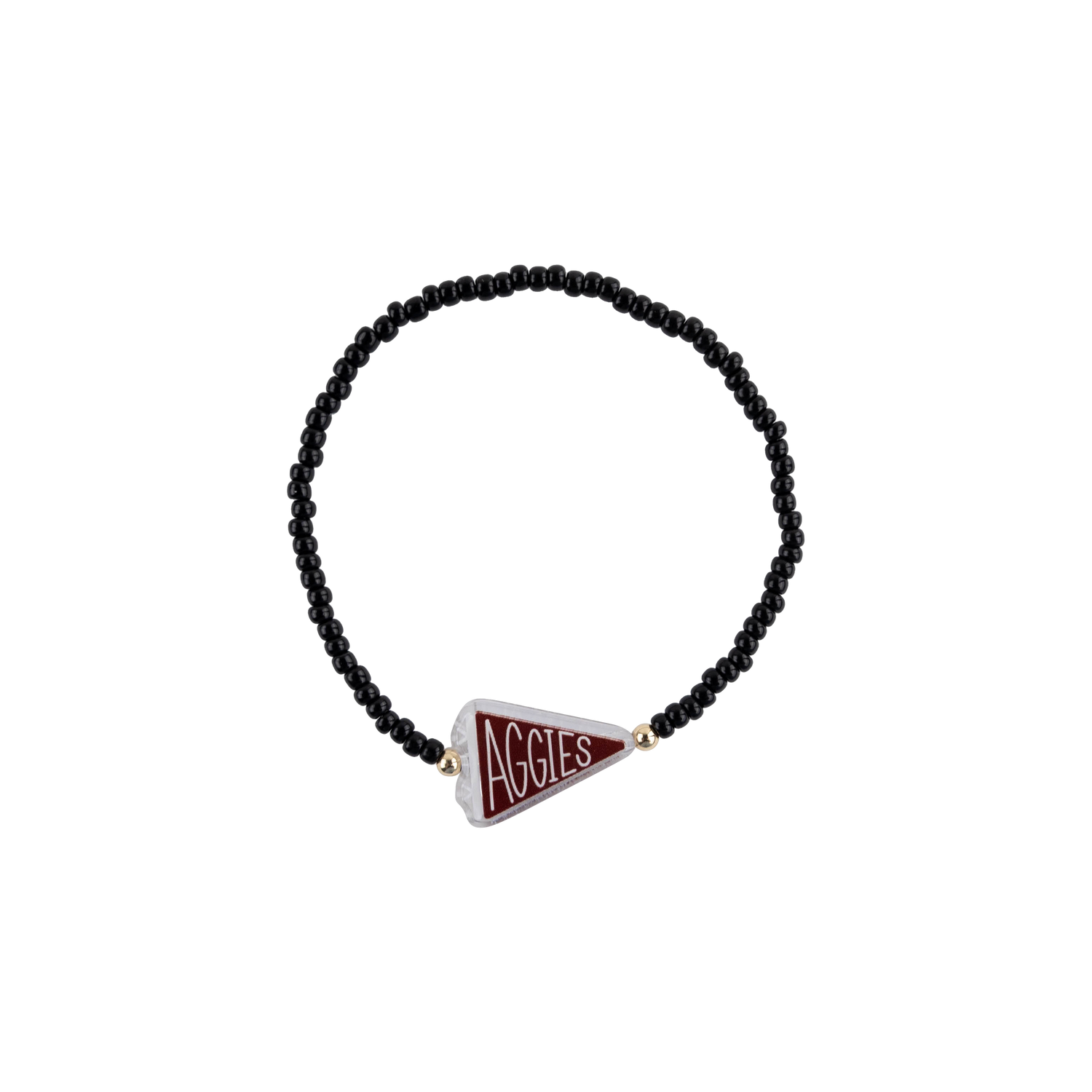 A beaded stretch bracelet featuring a triangular pennant-shaped charm with the word 'AGGIES' in white on a burgundy background, separated by small gold spacer beads from a black beaded band.