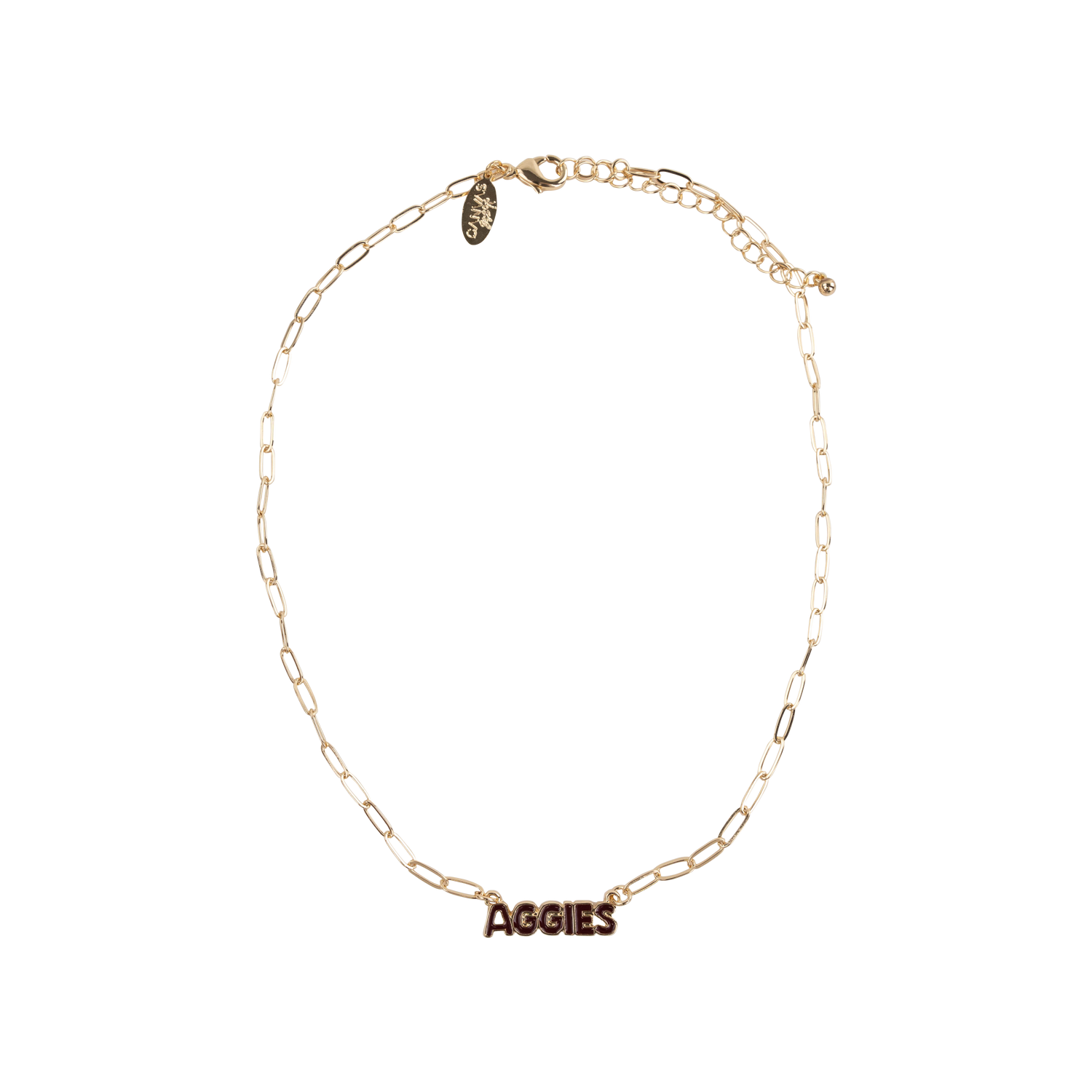 Gold Necklace with Maroon Aggies decal lettering
