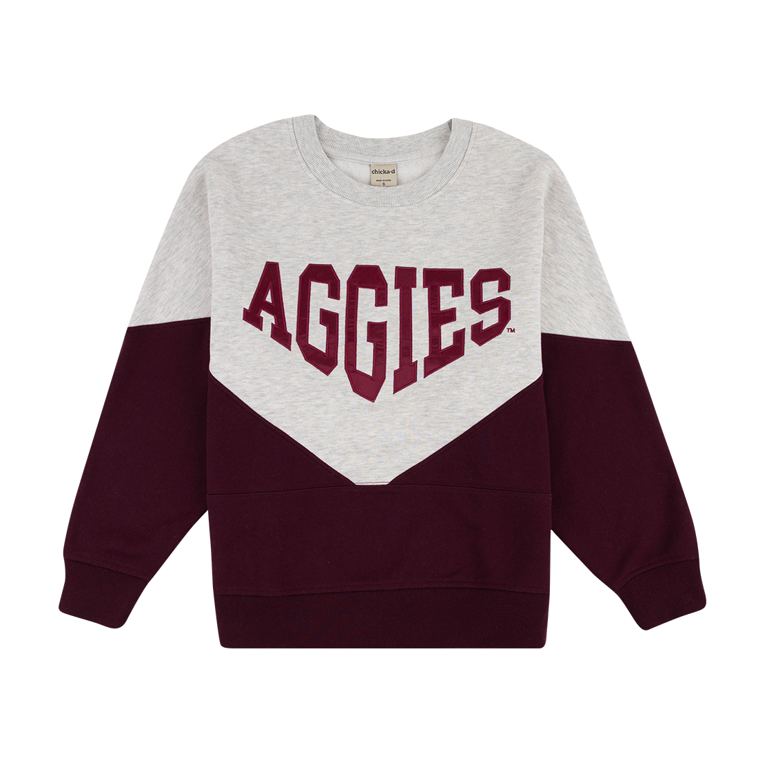 Gray and maroon sweatshirt with 'AGGIES' text in maroon.