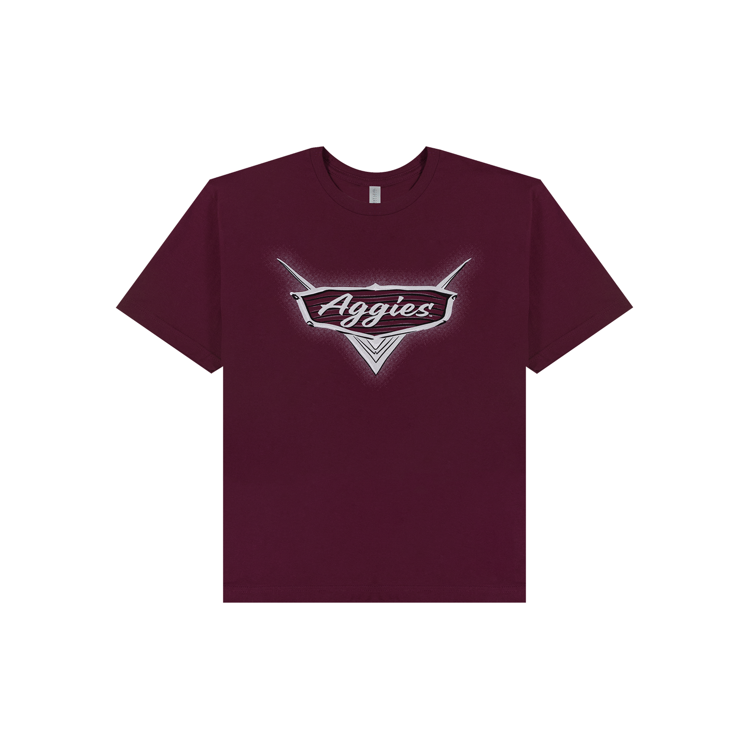 Maroon t-shirt with 'Aggies' in the center in white.