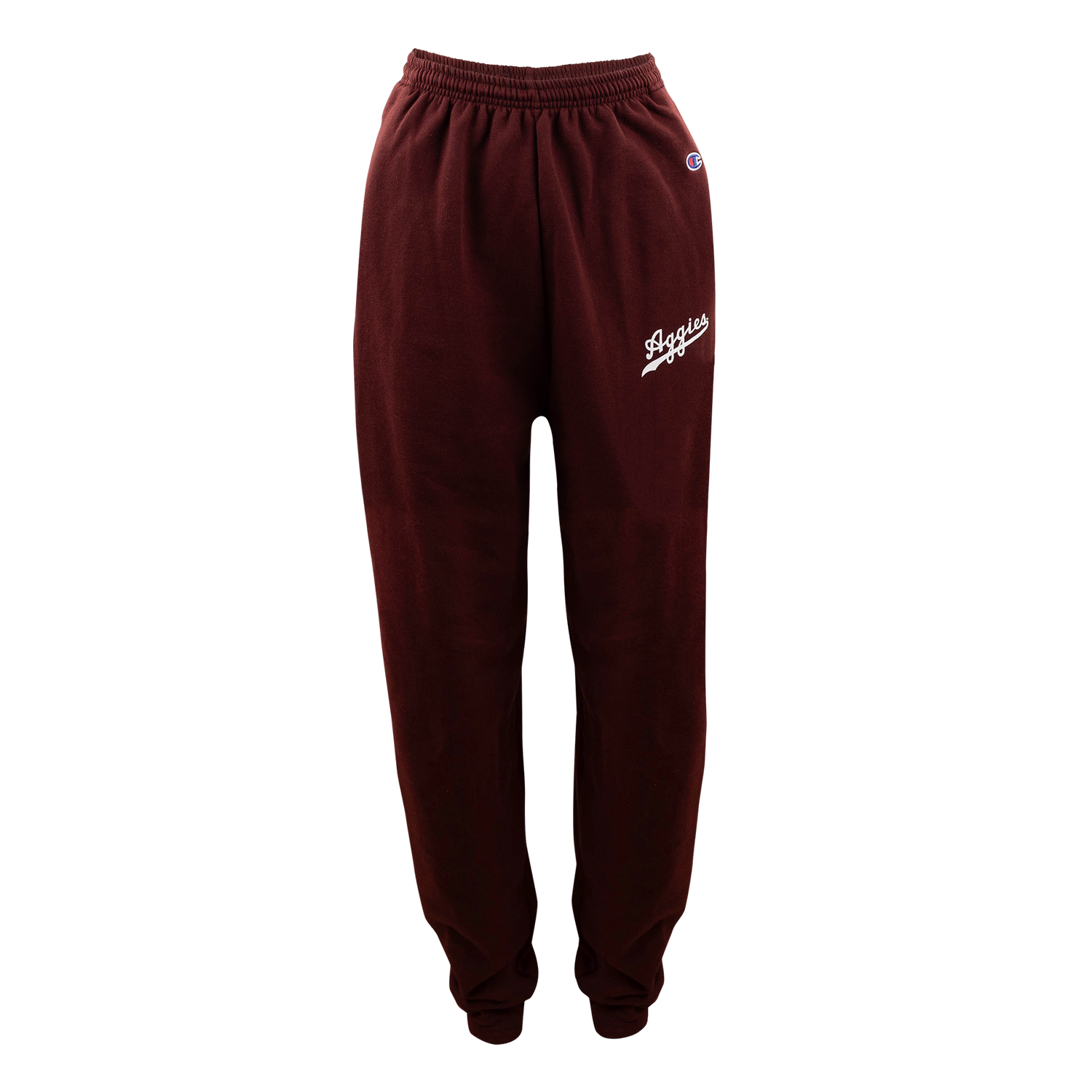Maroon sweatpants with script "Aggies" in white